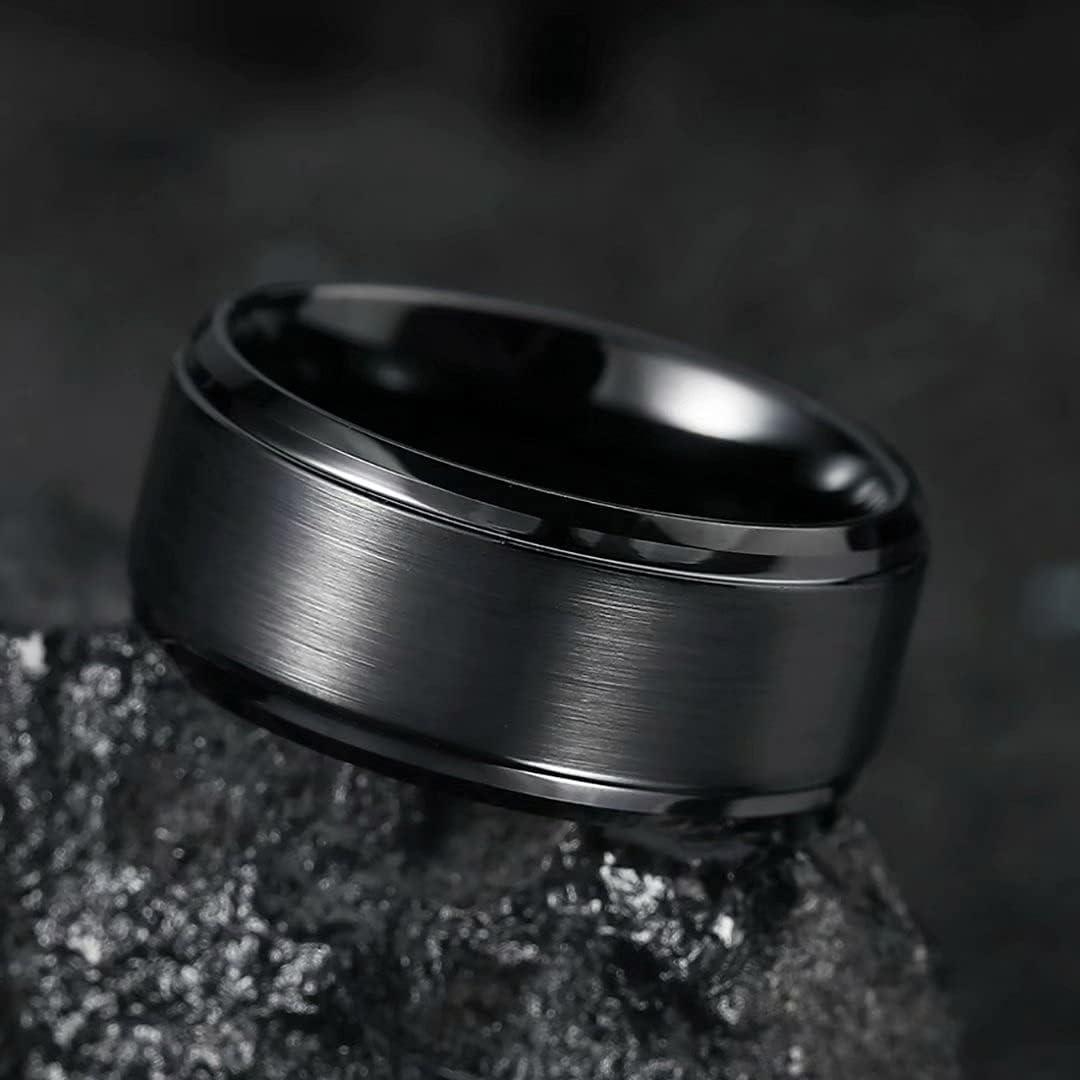 imageKing Will Mens Brushed Wedding Band Two Tone Matte Step EdgesPipe Cut Tungsten Carbide Anniversary Promise Rings Comfort FitBlack10mm