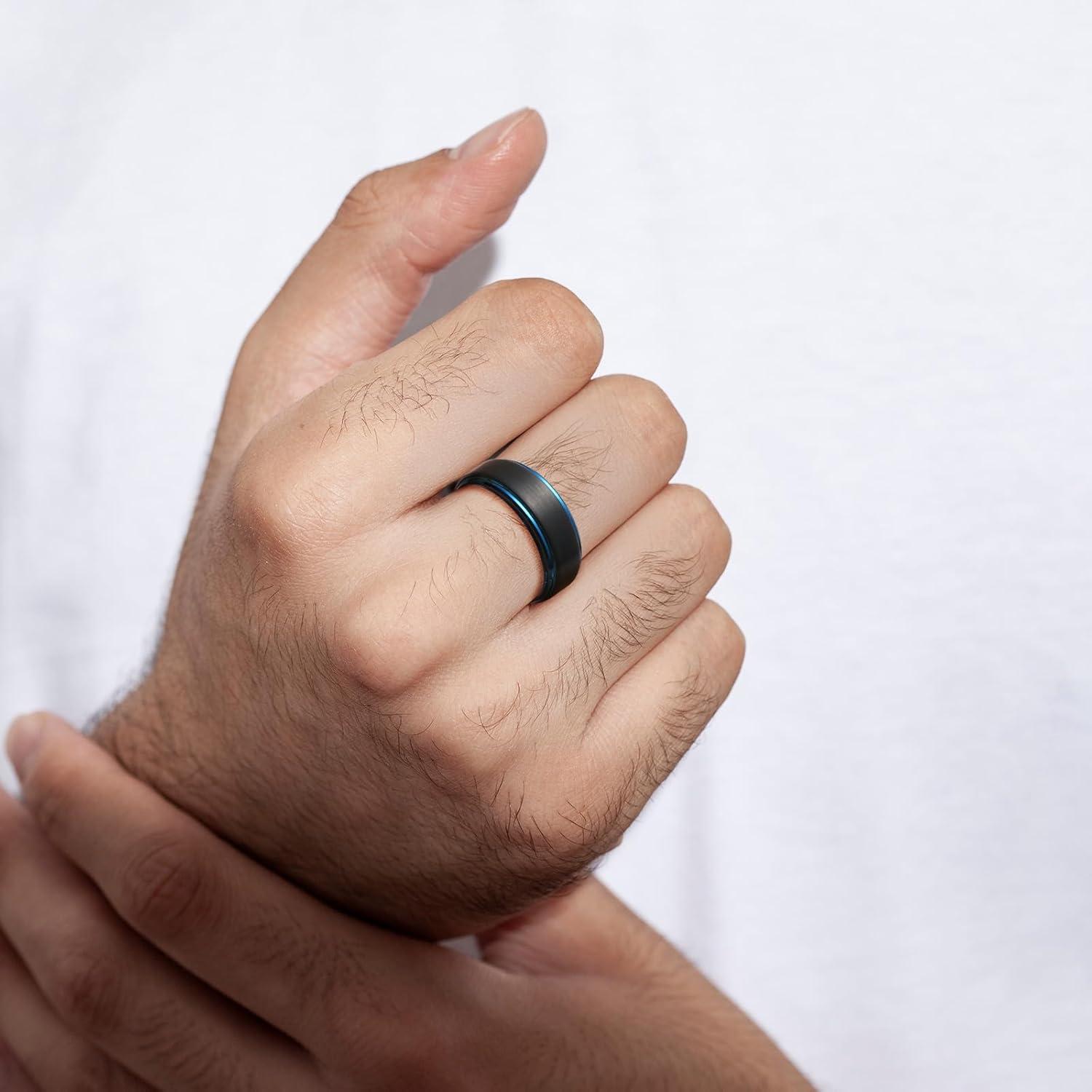 imageKing Will Mens Brushed Wedding Band Two Tone Matte Step EdgesPipe Cut Tungsten Carbide Anniversary Promise Rings Comfort FitBlackBlue8mm