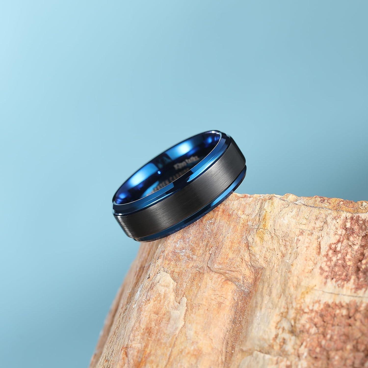 imageKing Will Mens Brushed Wedding Band Two Tone Matte Step EdgesPipe Cut Tungsten Carbide Anniversary Promise Rings Comfort FitBlackBlue8mm