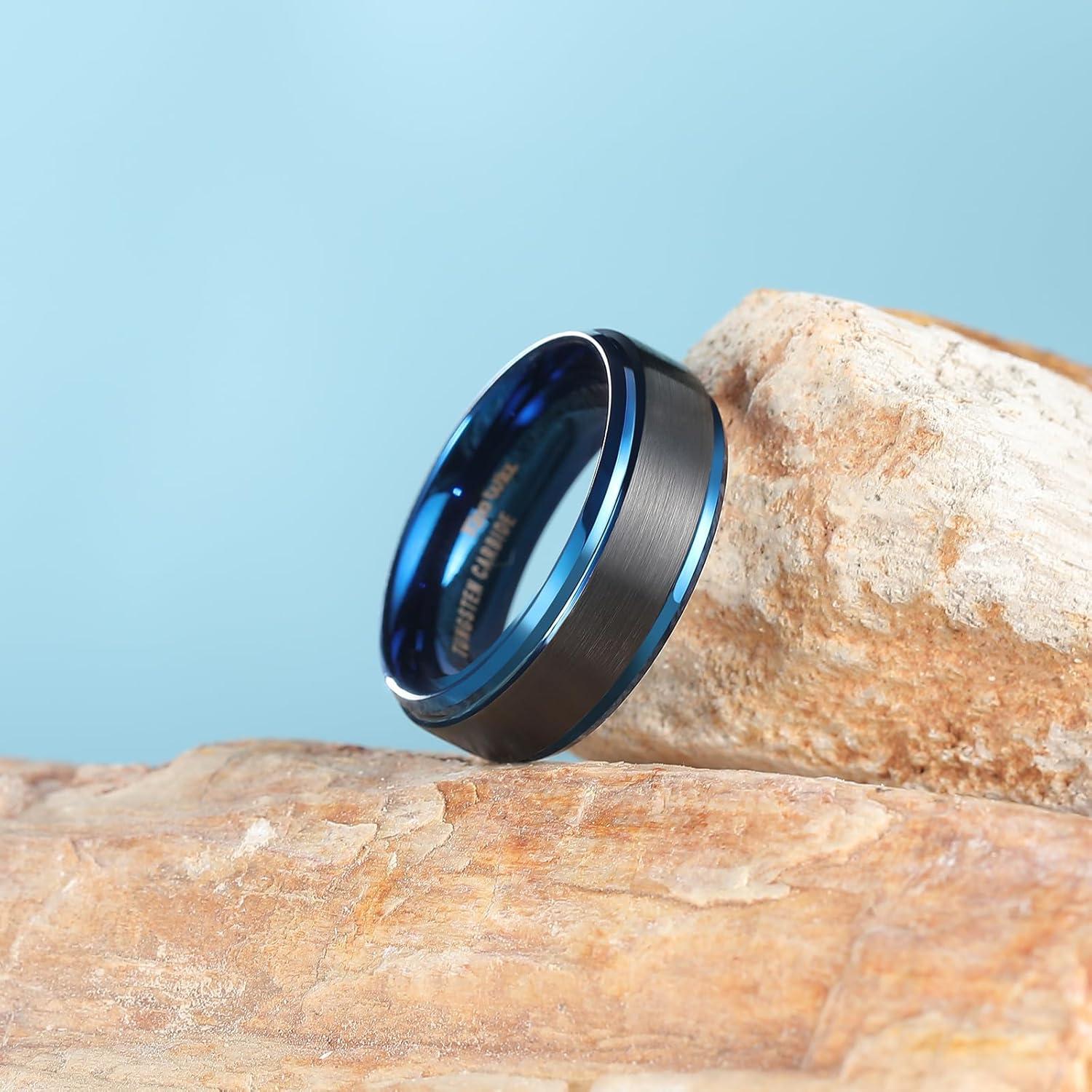 imageKing Will Mens Brushed Wedding Band Two Tone Matte Step EdgesPipe Cut Tungsten Carbide Anniversary Promise Rings Comfort FitBlackBlue8mm