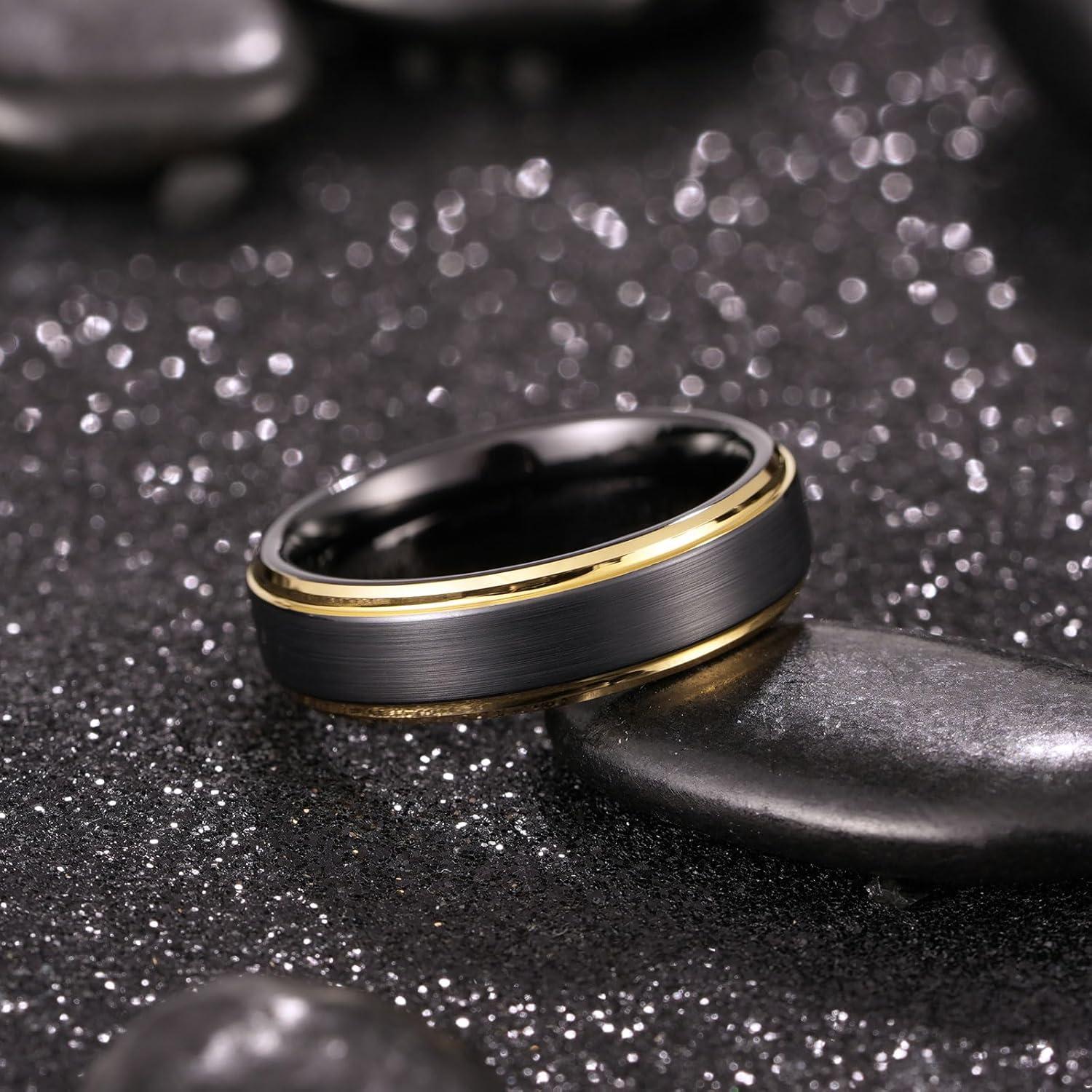 imageKing Will Mens Brushed Wedding Band Two Tone Matte Step EdgesPipe Cut Tungsten Carbide Anniversary Promise Rings Comfort FitBlackGold Edge6mm