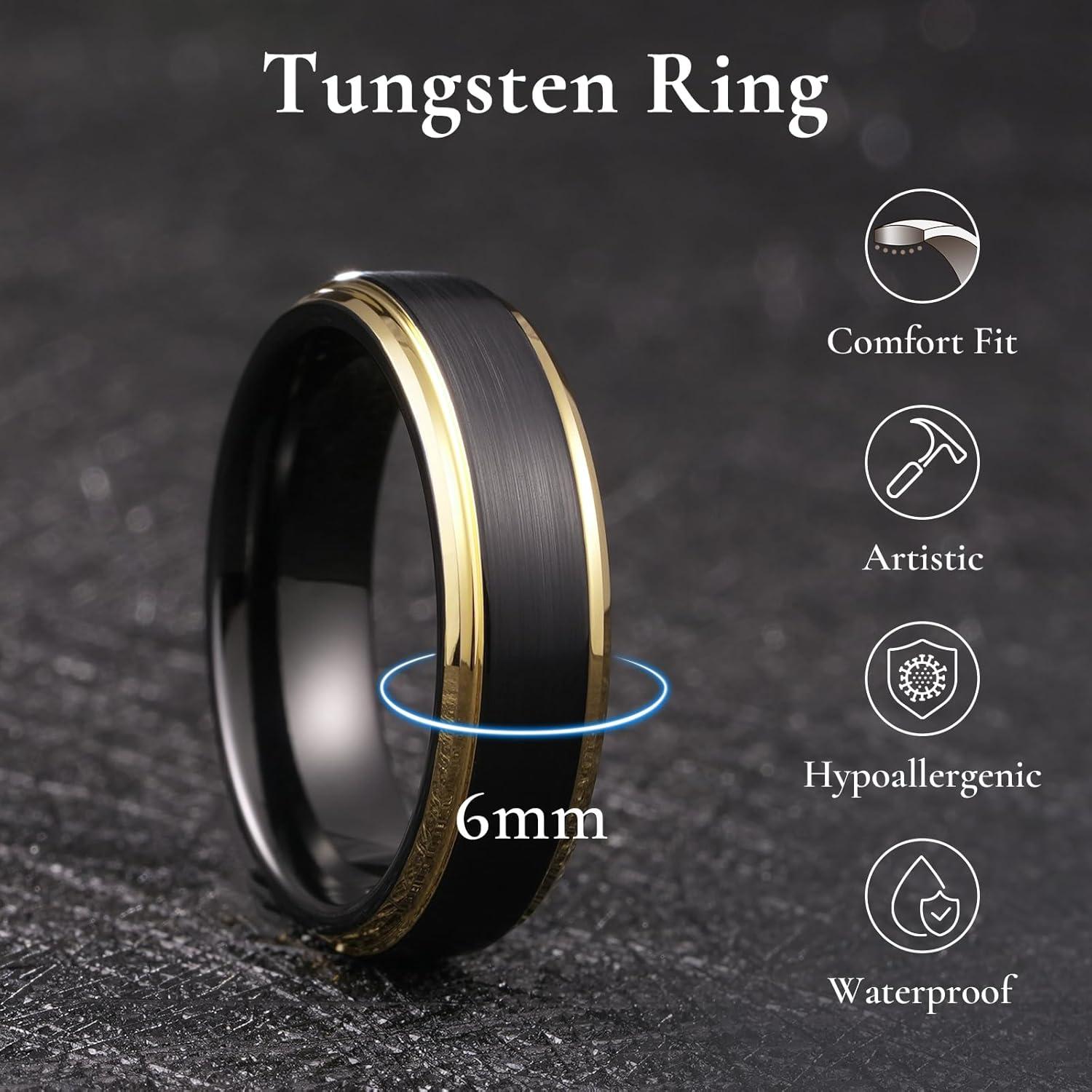 imageKing Will Mens Brushed Wedding Band Two Tone Matte Step EdgesPipe Cut Tungsten Carbide Anniversary Promise Rings Comfort FitBlackGold Edge6mm