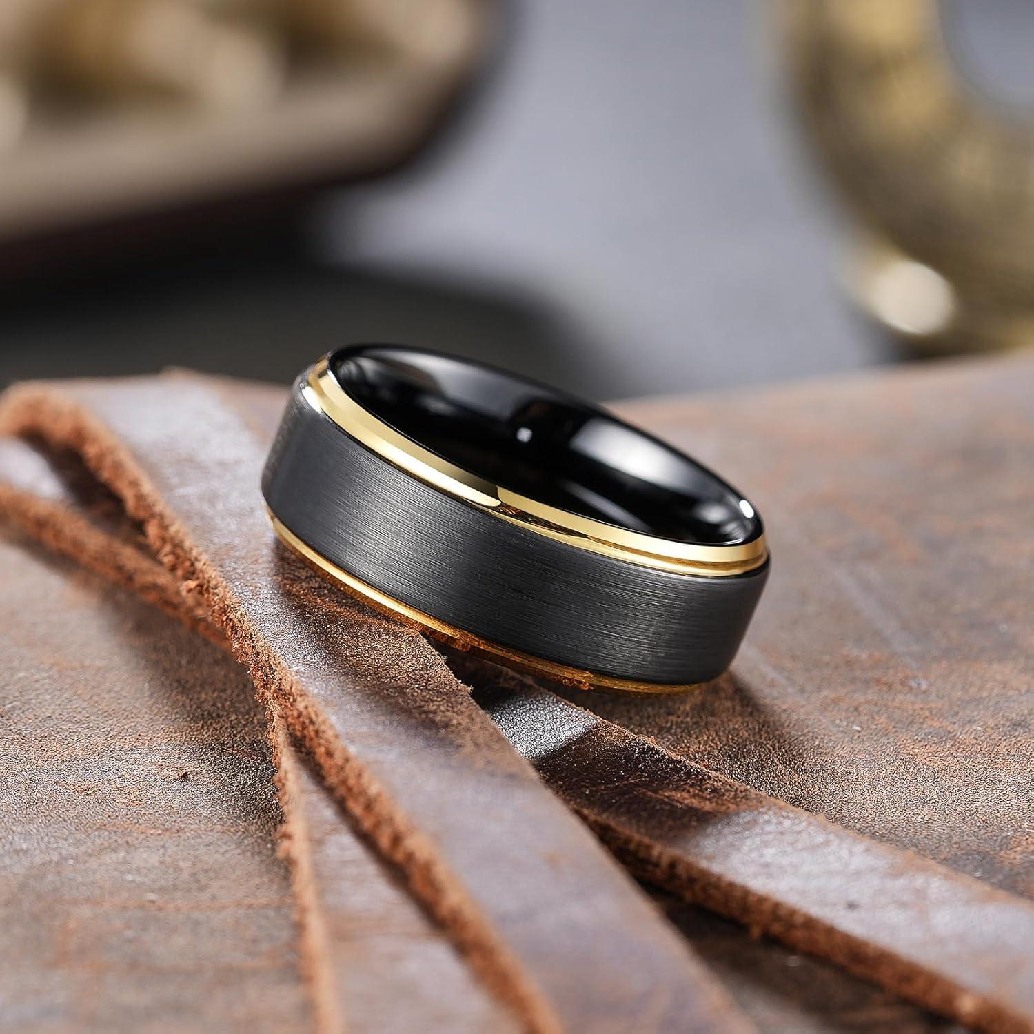 imageKing Will Mens Brushed Wedding Band Two Tone Matte Step EdgesPipe Cut Tungsten Carbide Anniversary Promise Rings Comfort FitBlackGold Edge8mm