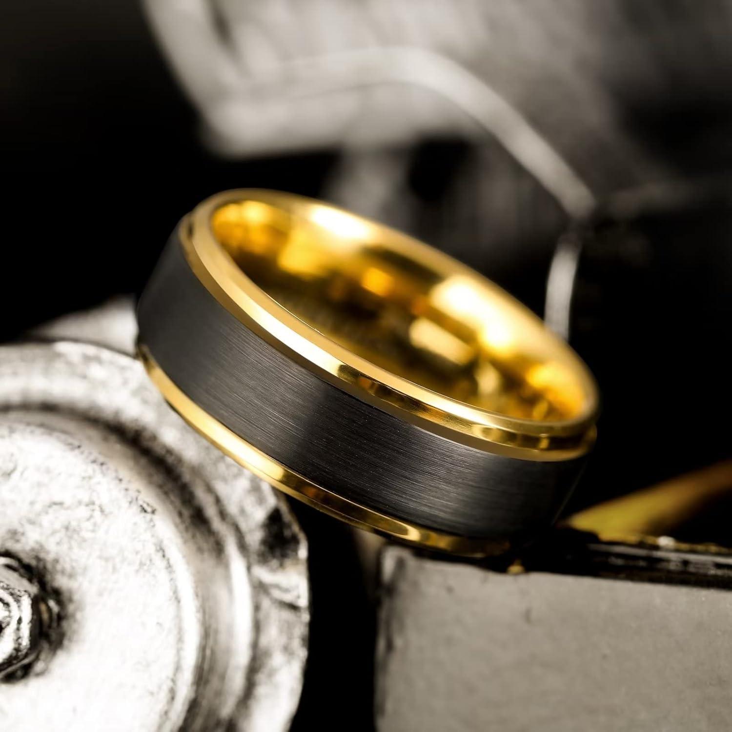 imageKing Will Mens Brushed Wedding Band Two Tone Matte Step EdgesPipe Cut Tungsten Carbide Anniversary Promise Rings Comfort FitBlackGold8mm