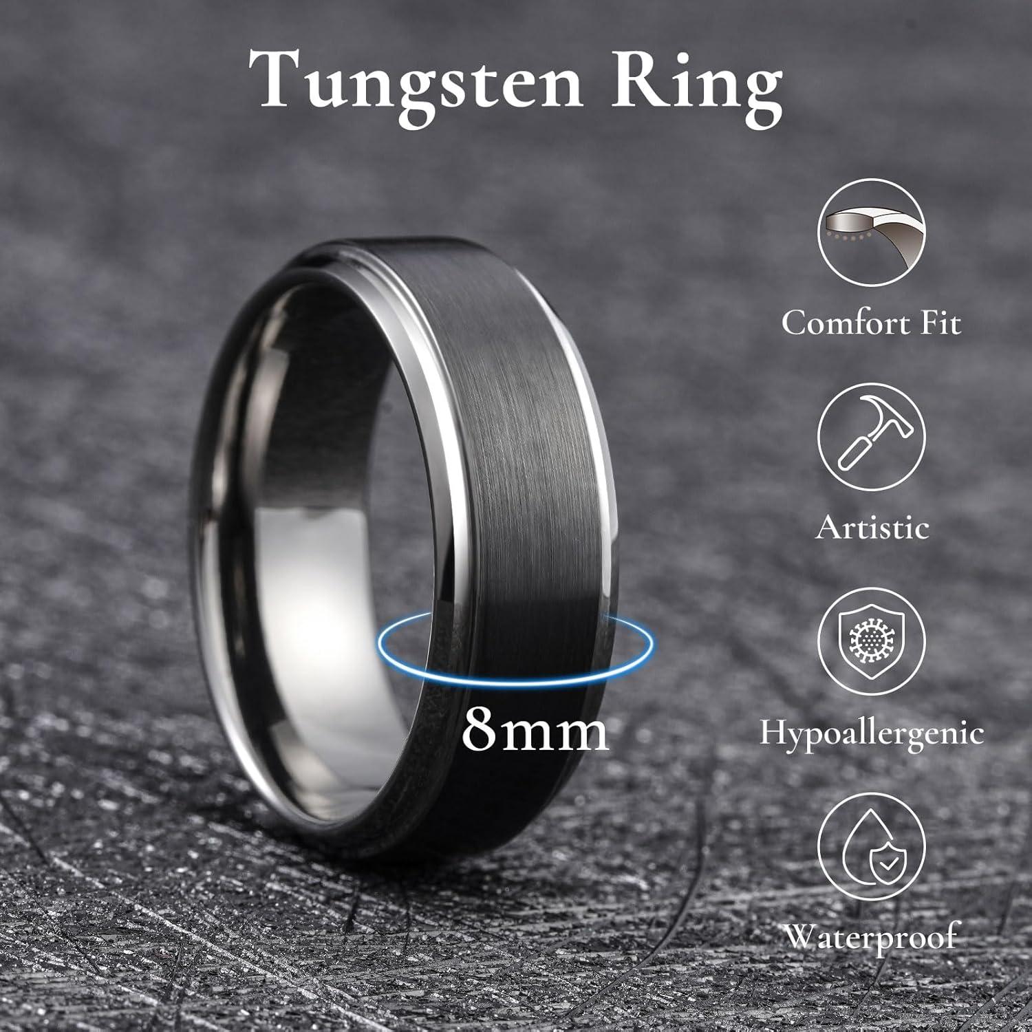 imageKing Will Mens Brushed Wedding Band Two Tone Matte Step EdgesPipe Cut Tungsten Carbide Anniversary Promise Rings Comfort FitBlackGunmetal8mm