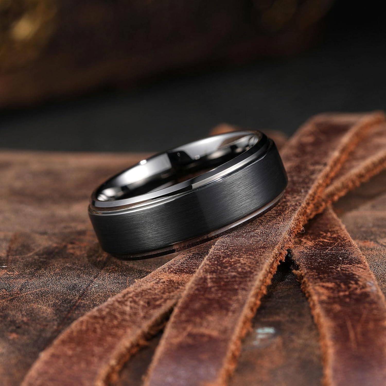 imageKing Will Mens Brushed Wedding Band Two Tone Matte Step EdgesPipe Cut Tungsten Carbide Anniversary Promise Rings Comfort FitBlackGunmetal8mm