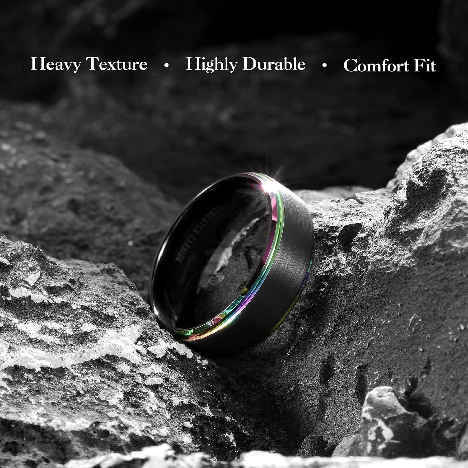 imageKing Will Mens Brushed Wedding Band Two Tone Matte Step EdgesPipe Cut Tungsten Carbide Anniversary Promise Rings Comfort FitBlackRainbow Edge8mm