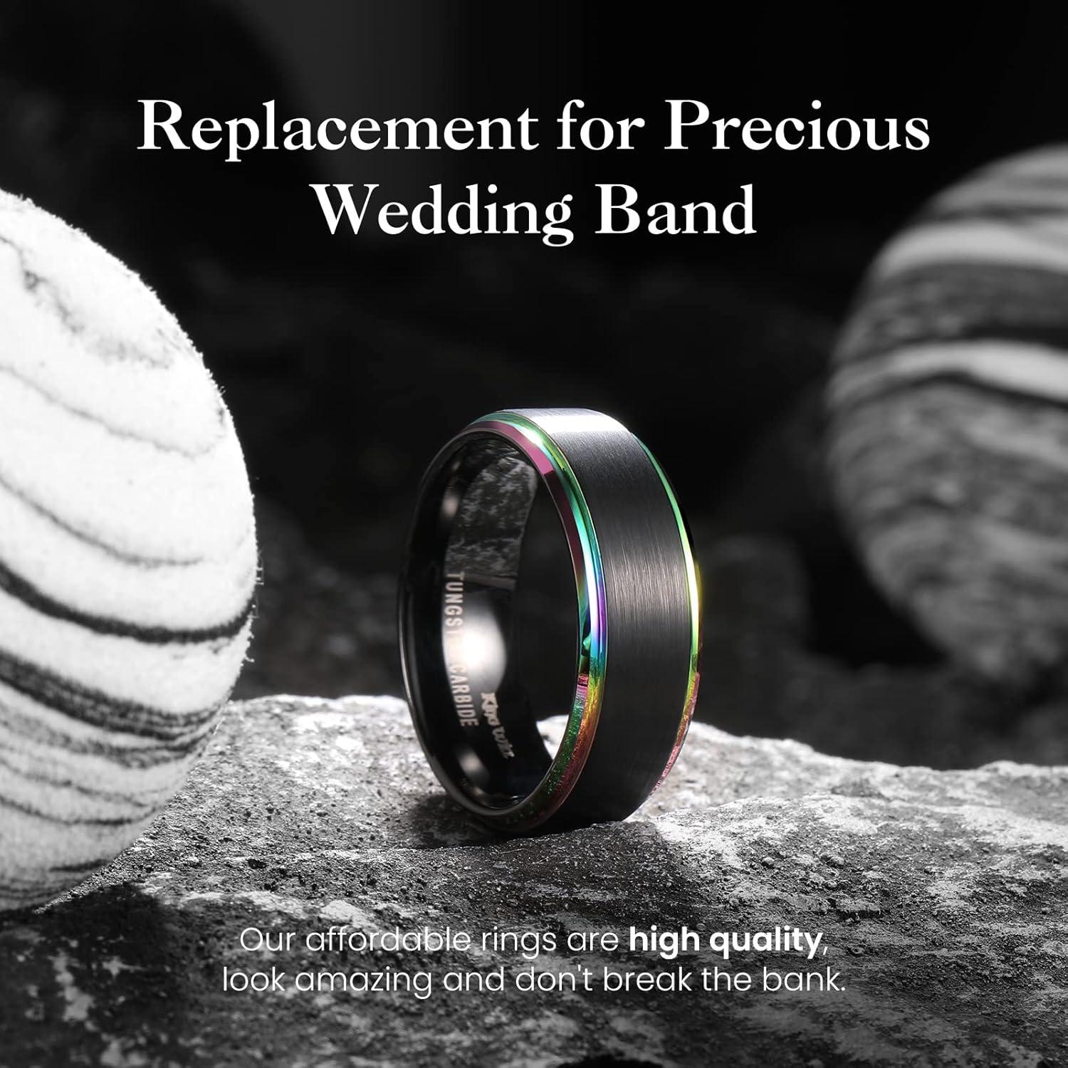 imageKing Will Mens Brushed Wedding Band Two Tone Matte Step EdgesPipe Cut Tungsten Carbide Anniversary Promise Rings Comfort FitBlackRainbow Edge8mm