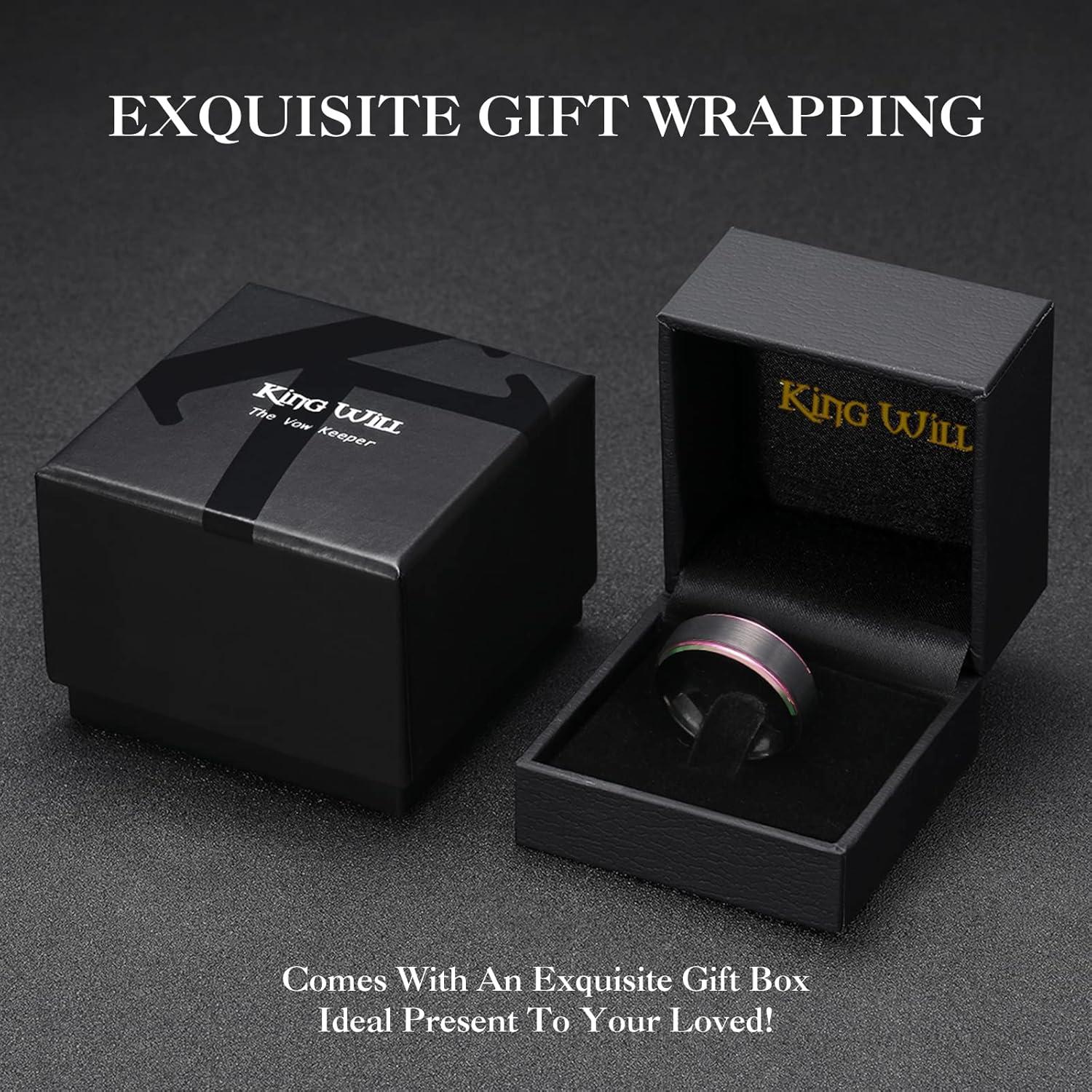 imageKing Will Mens Brushed Wedding Band Two Tone Matte Step EdgesPipe Cut Tungsten Carbide Anniversary Promise Rings Comfort FitBlackRainbow Edge8mm