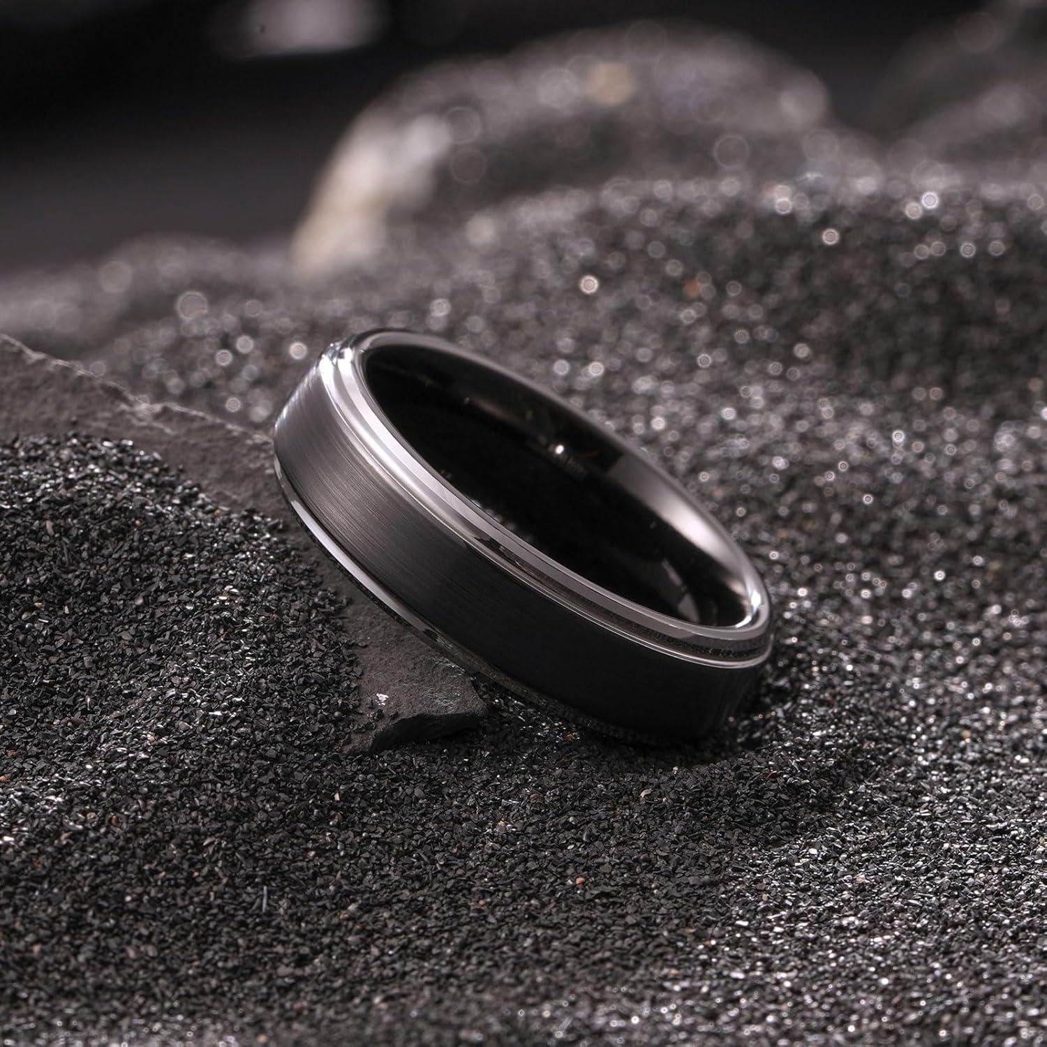 imageKing Will Mens Brushed Wedding Band Two Tone Matte Step EdgesPipe Cut Tungsten Carbide Anniversary Promise Rings Comfort FitBlackSilver Edge6mm