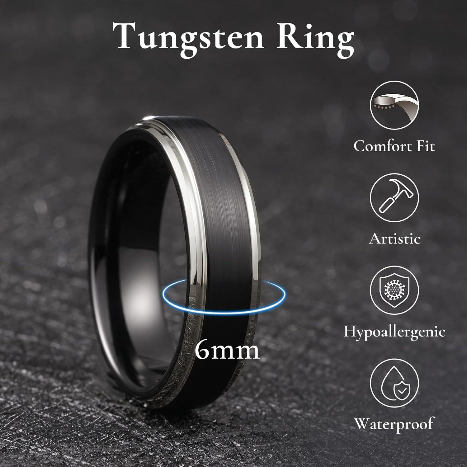 imageKing Will Mens Brushed Wedding Band Two Tone Matte Step EdgesPipe Cut Tungsten Carbide Anniversary Promise Rings Comfort FitBlackSilver Edge6mm