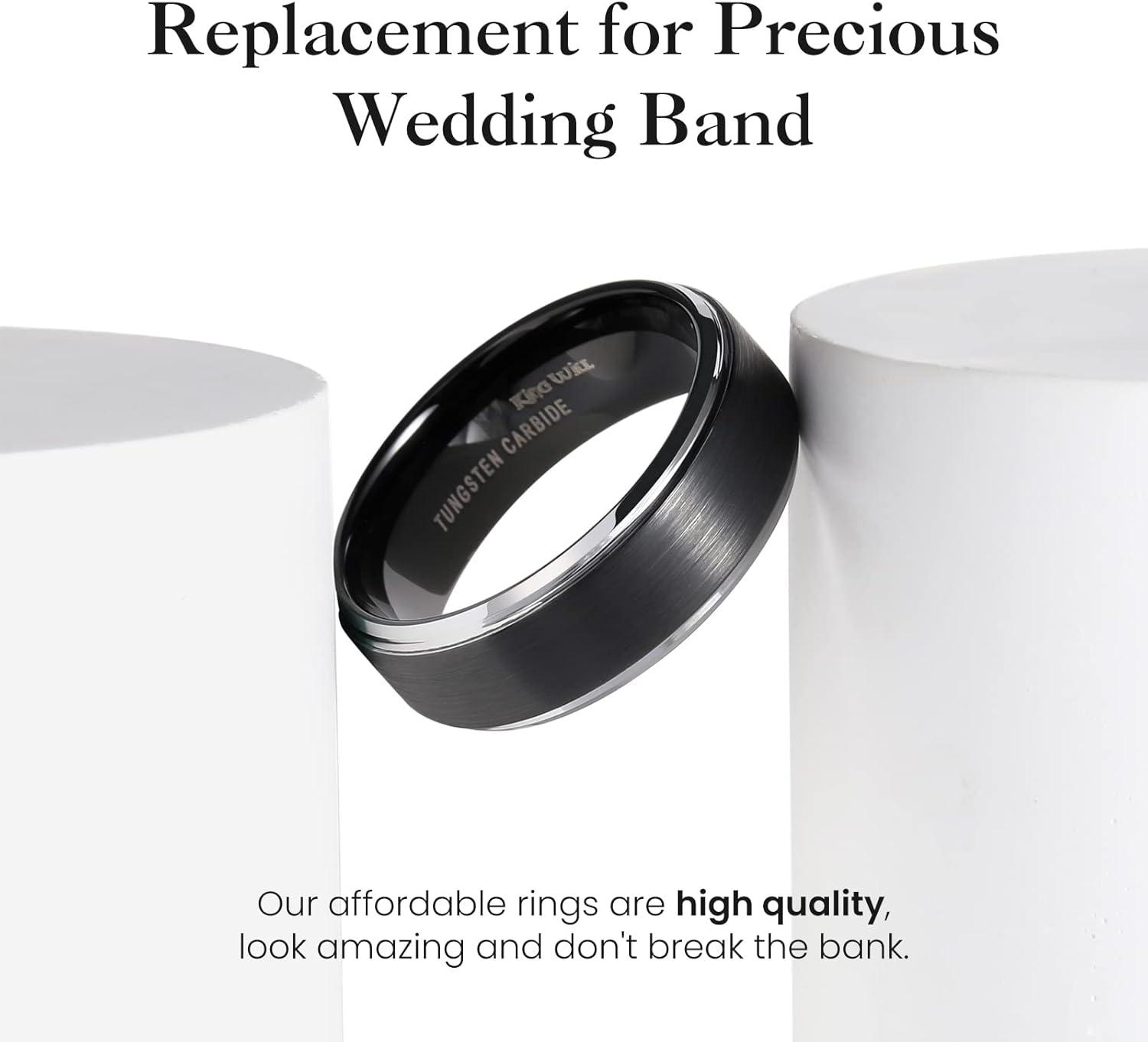 imageKing Will Mens Brushed Wedding Band Two Tone Matte Step EdgesPipe Cut Tungsten Carbide Anniversary Promise Rings Comfort FitBlackSilver Edge8mm
