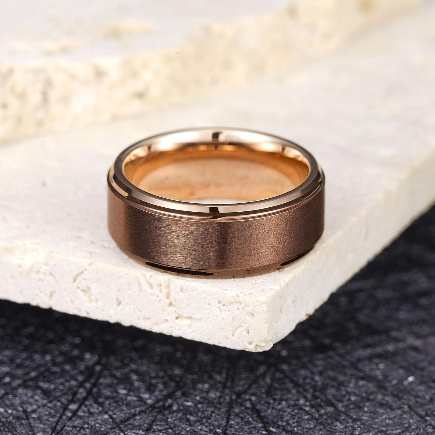 imageKing Will Mens Brushed Wedding Band Two Tone Matte Step EdgesPipe Cut Tungsten Carbide Anniversary Promise Rings Comfort FitBrownRose Gold8mm
