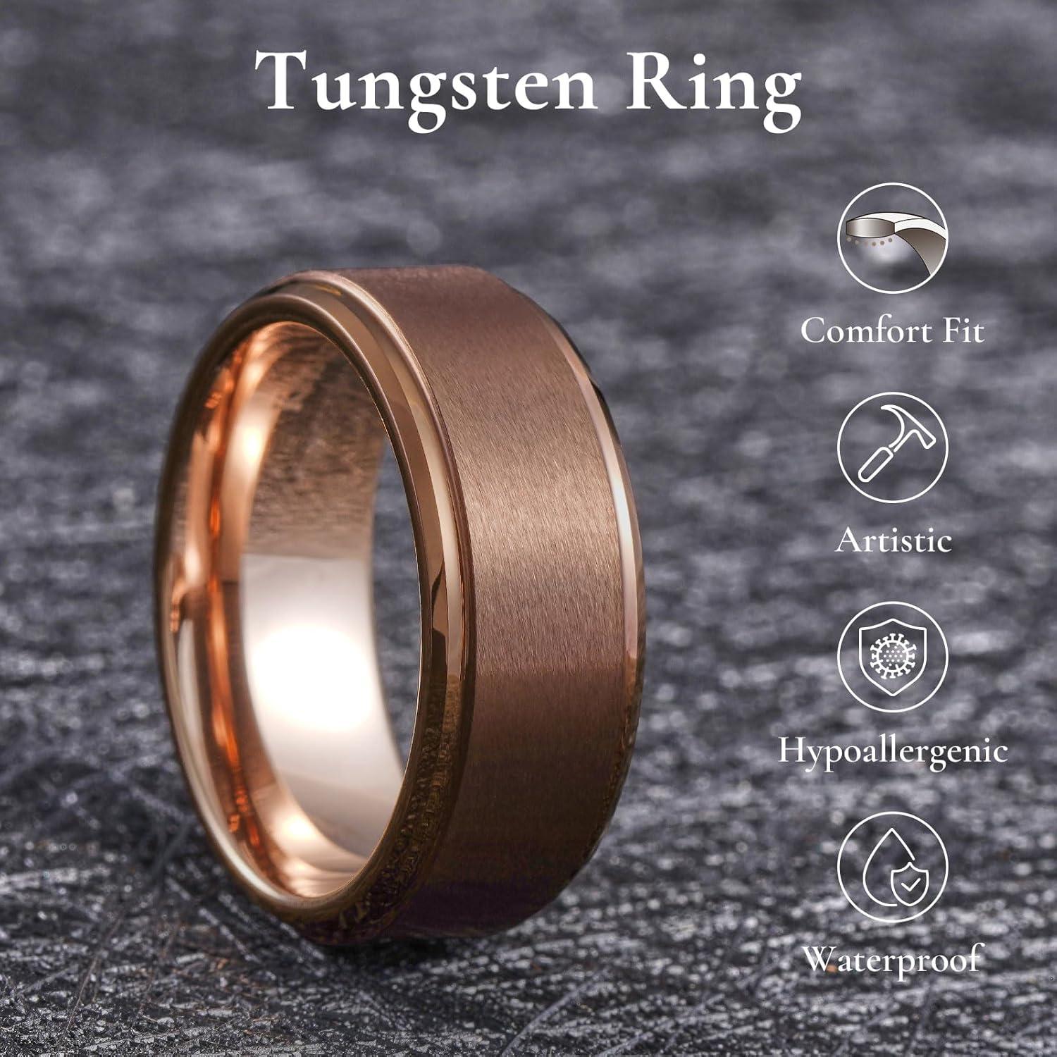 imageKing Will Mens Brushed Wedding Band Two Tone Matte Step EdgesPipe Cut Tungsten Carbide Anniversary Promise Rings Comfort FitBrownRose Gold8mm