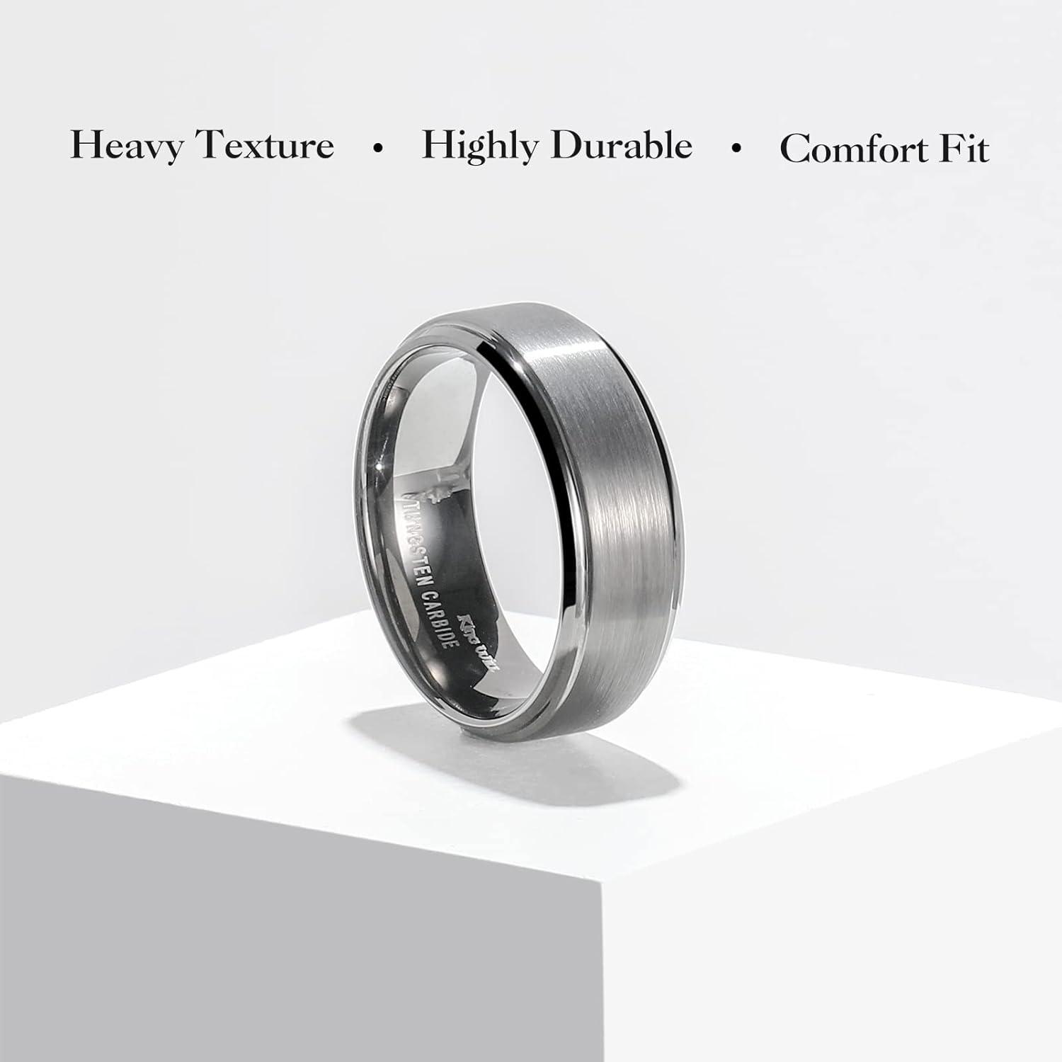 imageKing Will Mens Brushed Wedding Band Two Tone Matte Step EdgesPipe Cut Tungsten Carbide Anniversary Promise Rings Comfort FitGunmetal Grey8mm