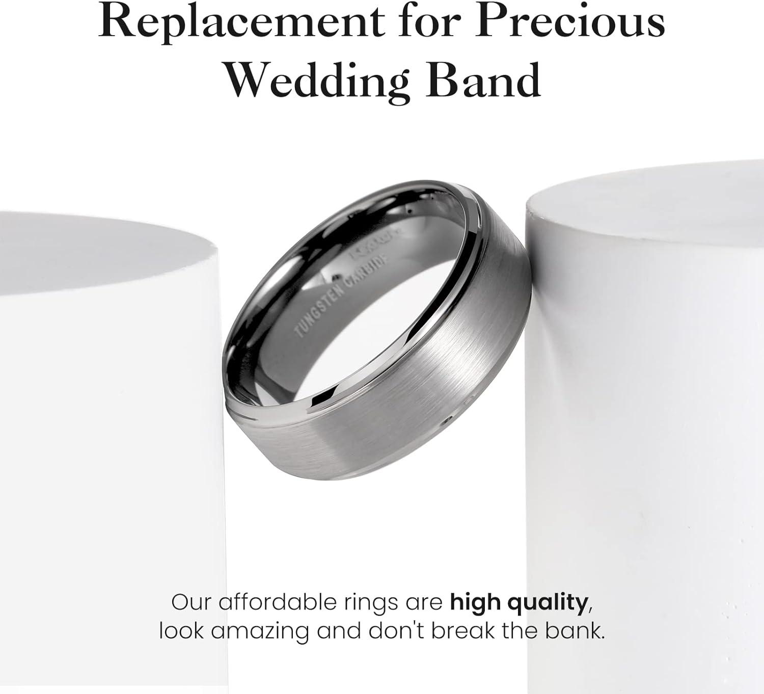 imageKing Will Mens Brushed Wedding Band Two Tone Matte Step EdgesPipe Cut Tungsten Carbide Anniversary Promise Rings Comfort FitGunmetal Grey8mm
