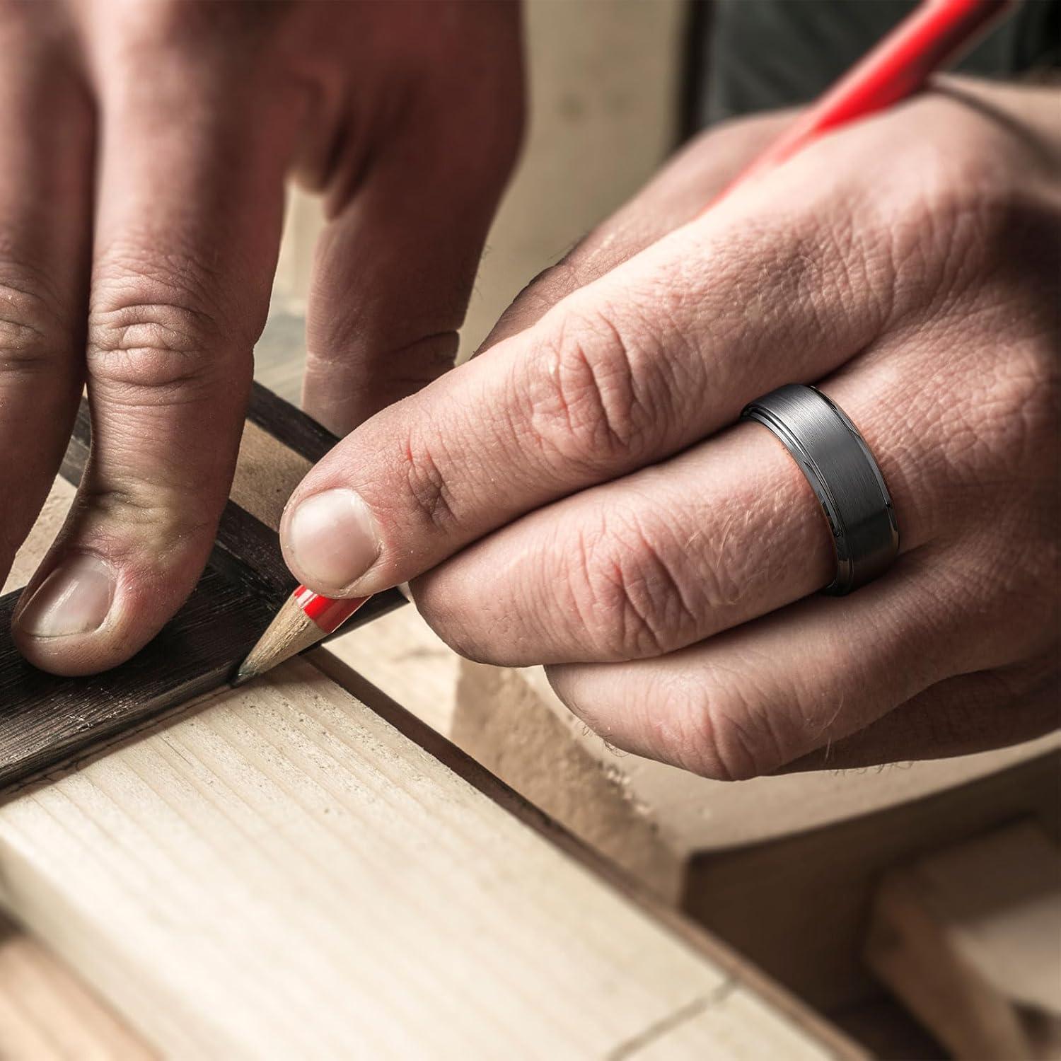 imageKing Will Mens Brushed Wedding Band Two Tone Matte Step EdgesPipe Cut Tungsten Carbide Anniversary Promise Rings Comfort FitGunmetal Grey8mm