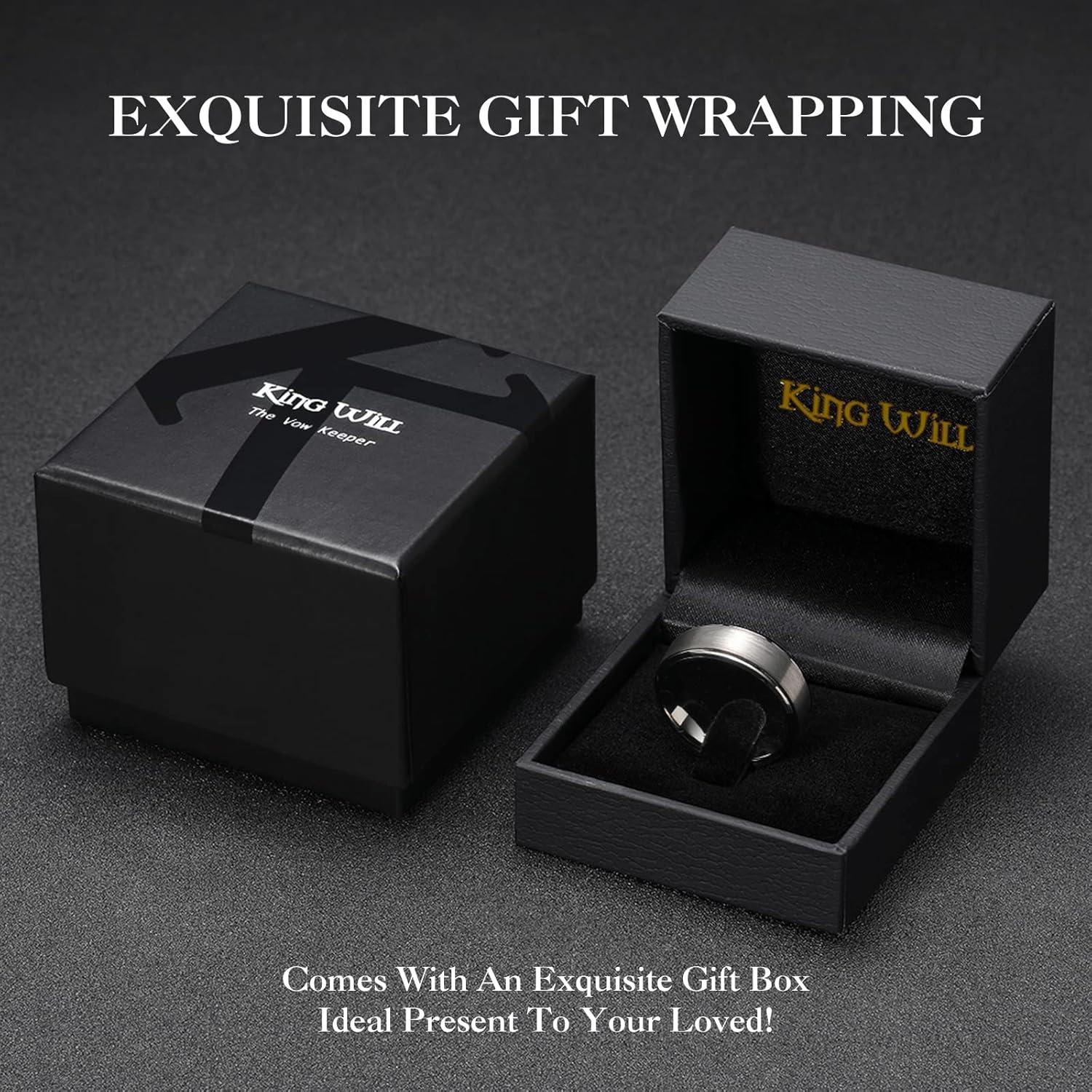 imageKing Will Mens Brushed Wedding Band Two Tone Matte Step EdgesPipe Cut Tungsten Carbide Anniversary Promise Rings Comfort FitGunmetal Grey8mm