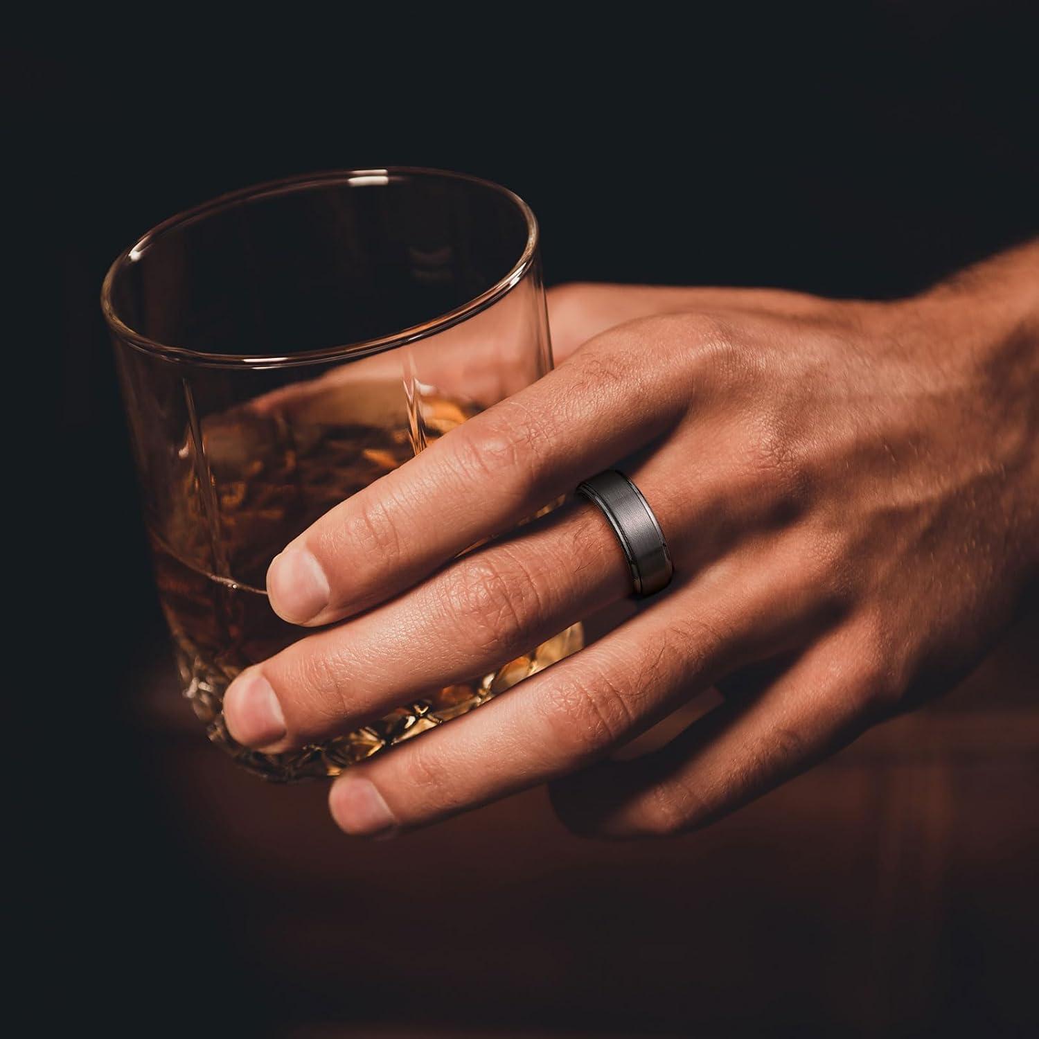 imageKing Will Mens Brushed Wedding Band Two Tone Matte Step EdgesPipe Cut Tungsten Carbide Anniversary Promise Rings Comfort FitGunmetal Grey8mm