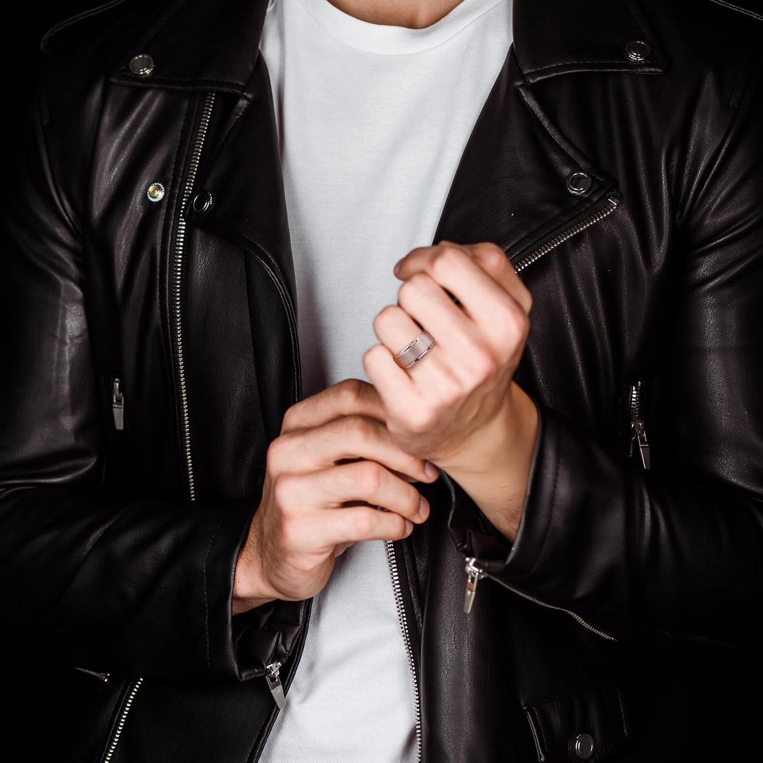 imageKing Will Mens Brushed Wedding Band Two Tone Matte Step EdgesPipe Cut Tungsten Carbide Anniversary Promise Rings Comfort FitSilver10mm