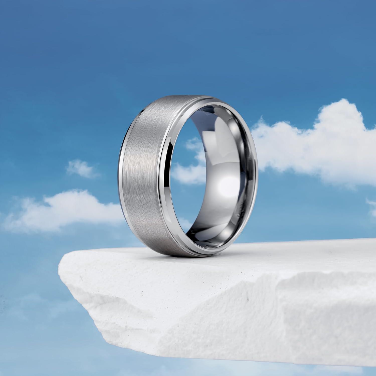 imageKing Will Mens Brushed Wedding Band Two Tone Matte Step EdgesPipe Cut Tungsten Carbide Anniversary Promise Rings Comfort FitSilver10mm