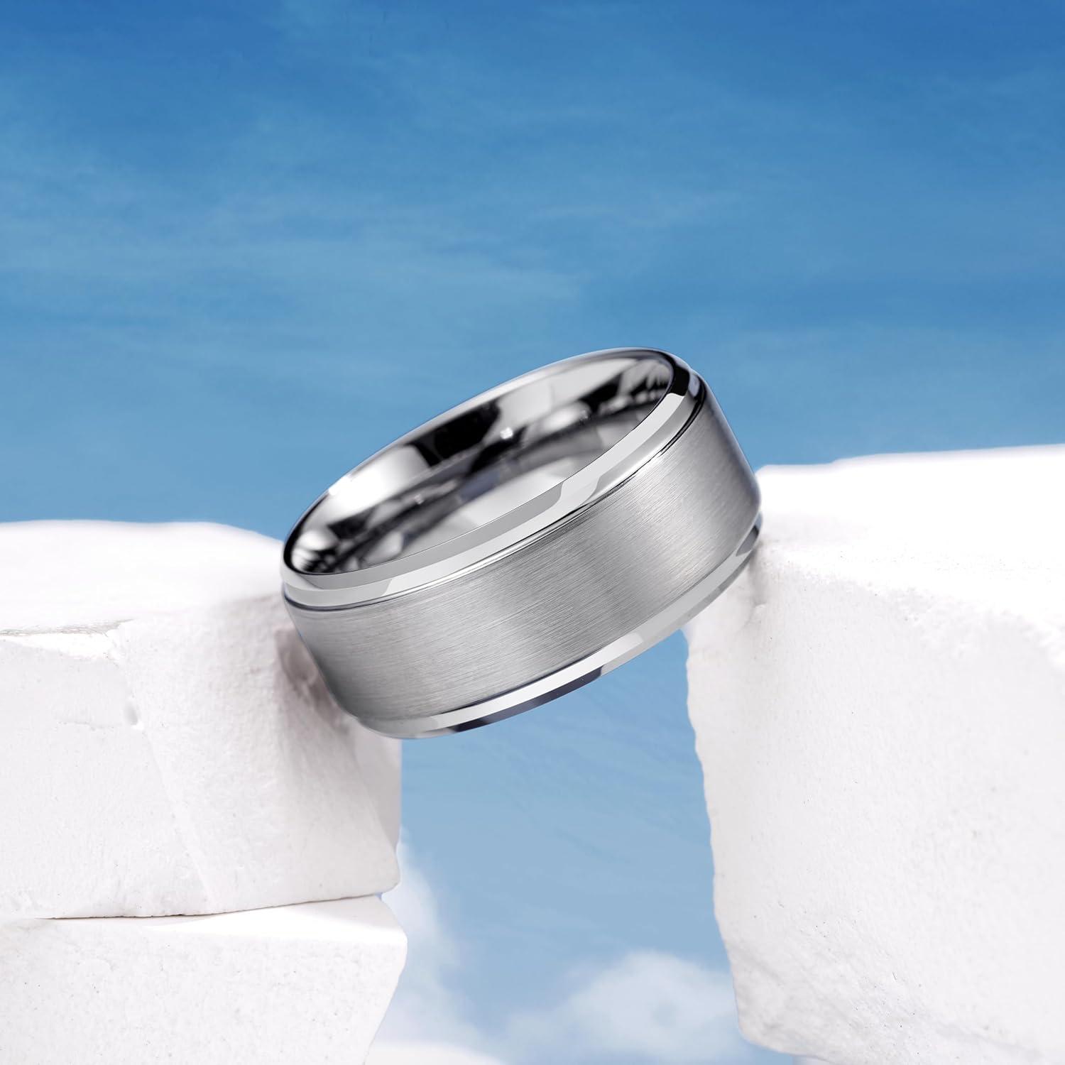 imageKing Will Mens Brushed Wedding Band Two Tone Matte Step EdgesPipe Cut Tungsten Carbide Anniversary Promise Rings Comfort FitSilver10mm