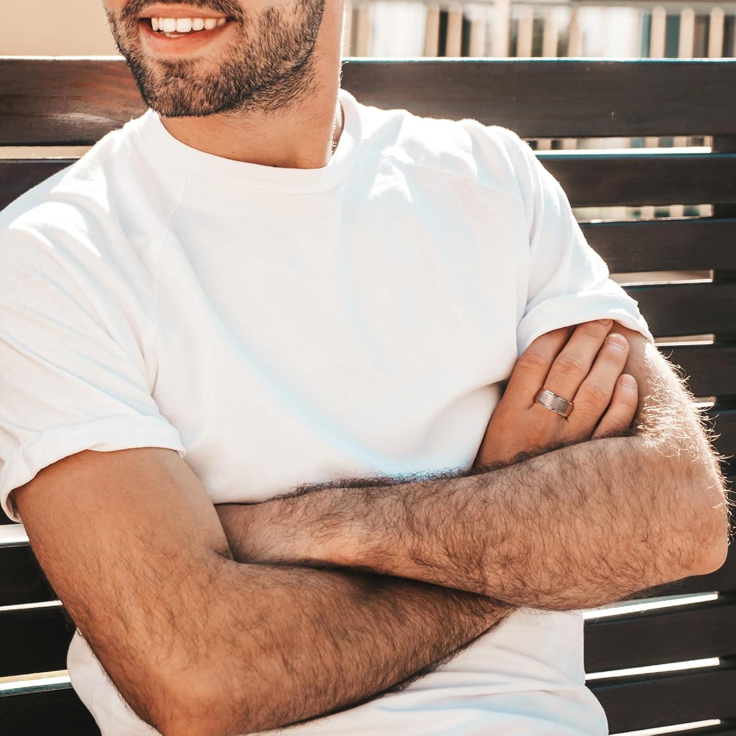 imageKing Will Mens Brushed Wedding Band Two Tone Matte Step EdgesPipe Cut Tungsten Carbide Anniversary Promise Rings Comfort FitSilver10mm