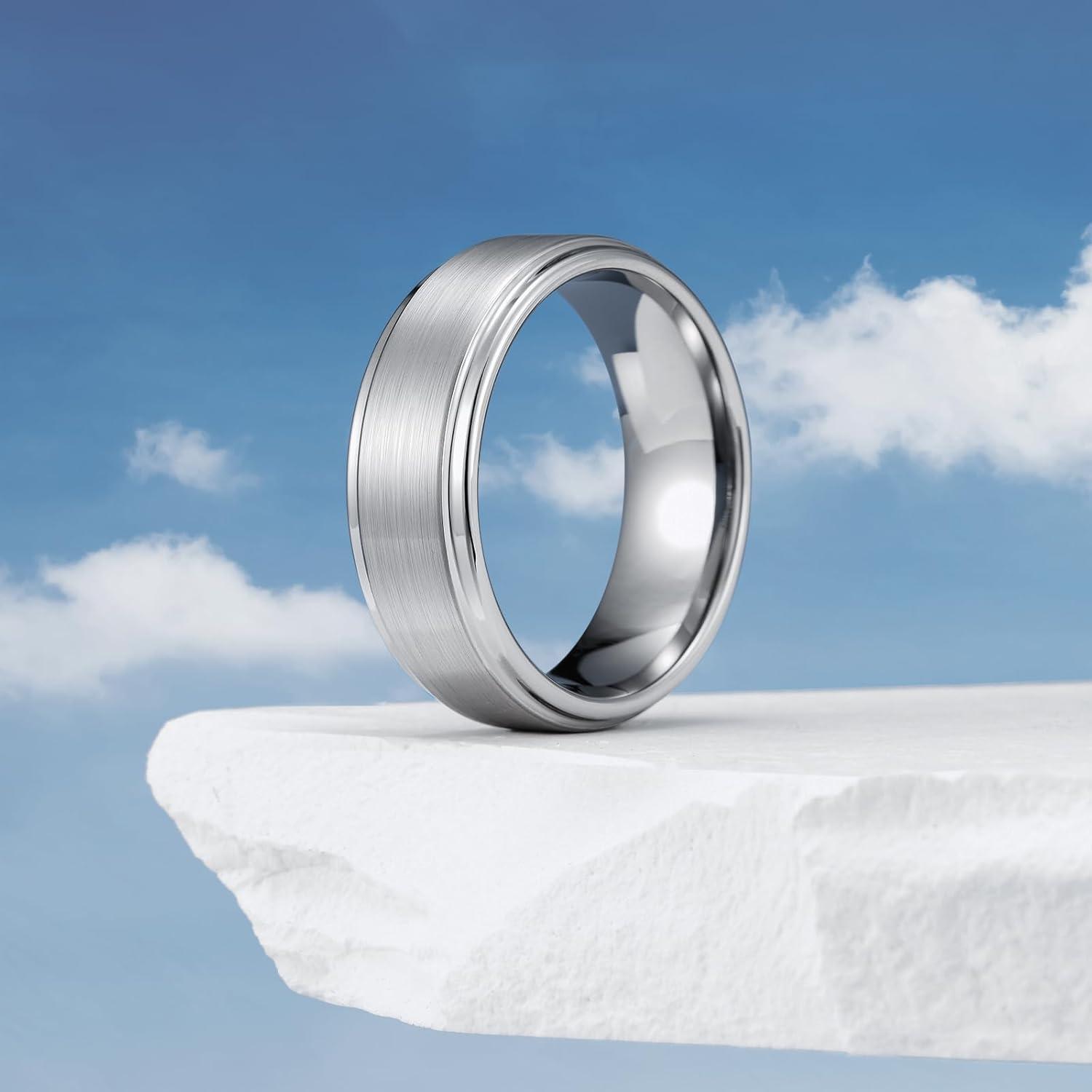 imageKing Will Mens Brushed Wedding Band Two Tone Matte Step EdgesPipe Cut Tungsten Carbide Anniversary Promise Rings Comfort FitSilver8mm