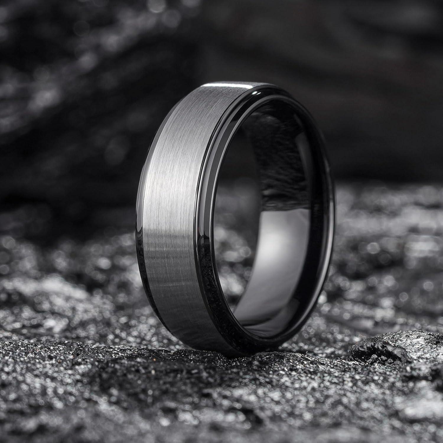 imageKing Will Mens Brushed Wedding Band Two Tone Matte Step EdgesPipe Cut Tungsten Carbide Anniversary Promise Rings Comfort FitSilverBlack8mm