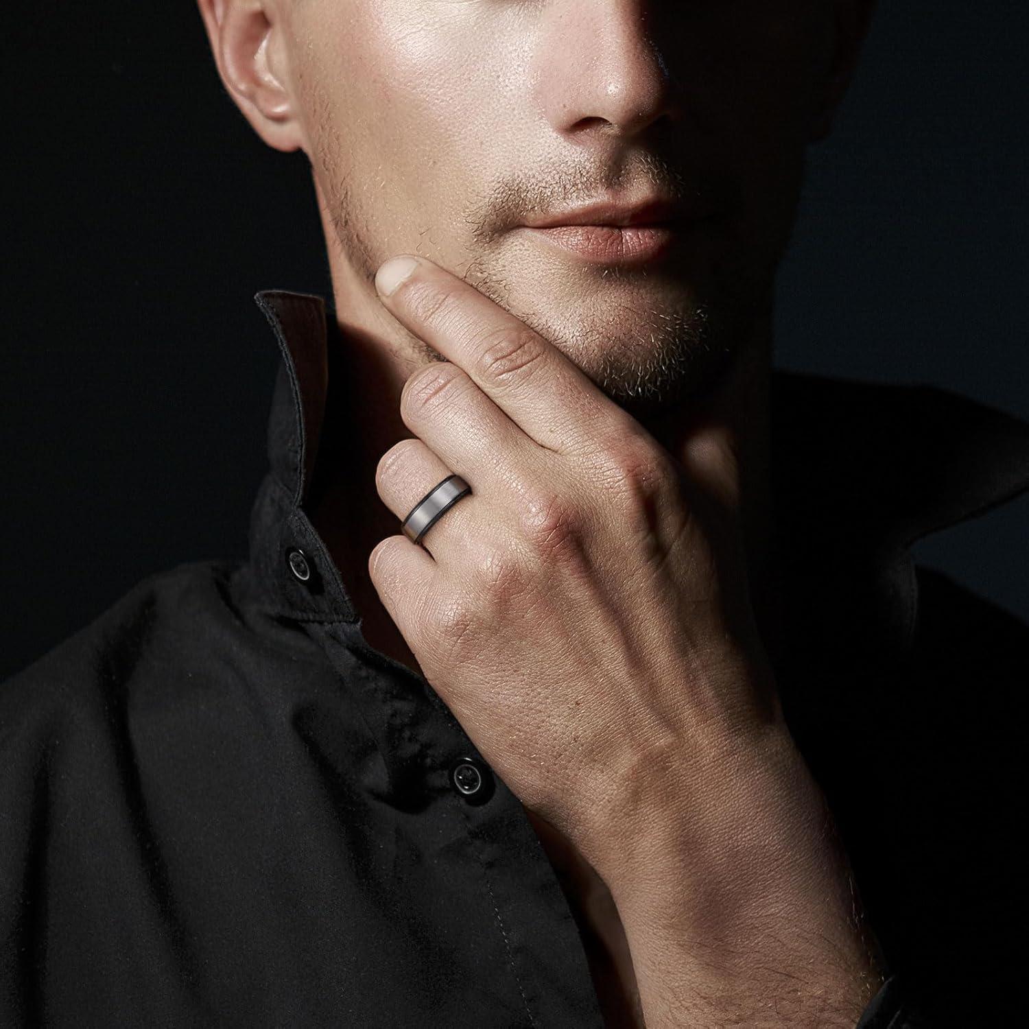 imageKing Will Mens Brushed Wedding Band Two Tone Matte Step EdgesPipe Cut Tungsten Carbide Anniversary Promise Rings Comfort FitSilverBlack8mm