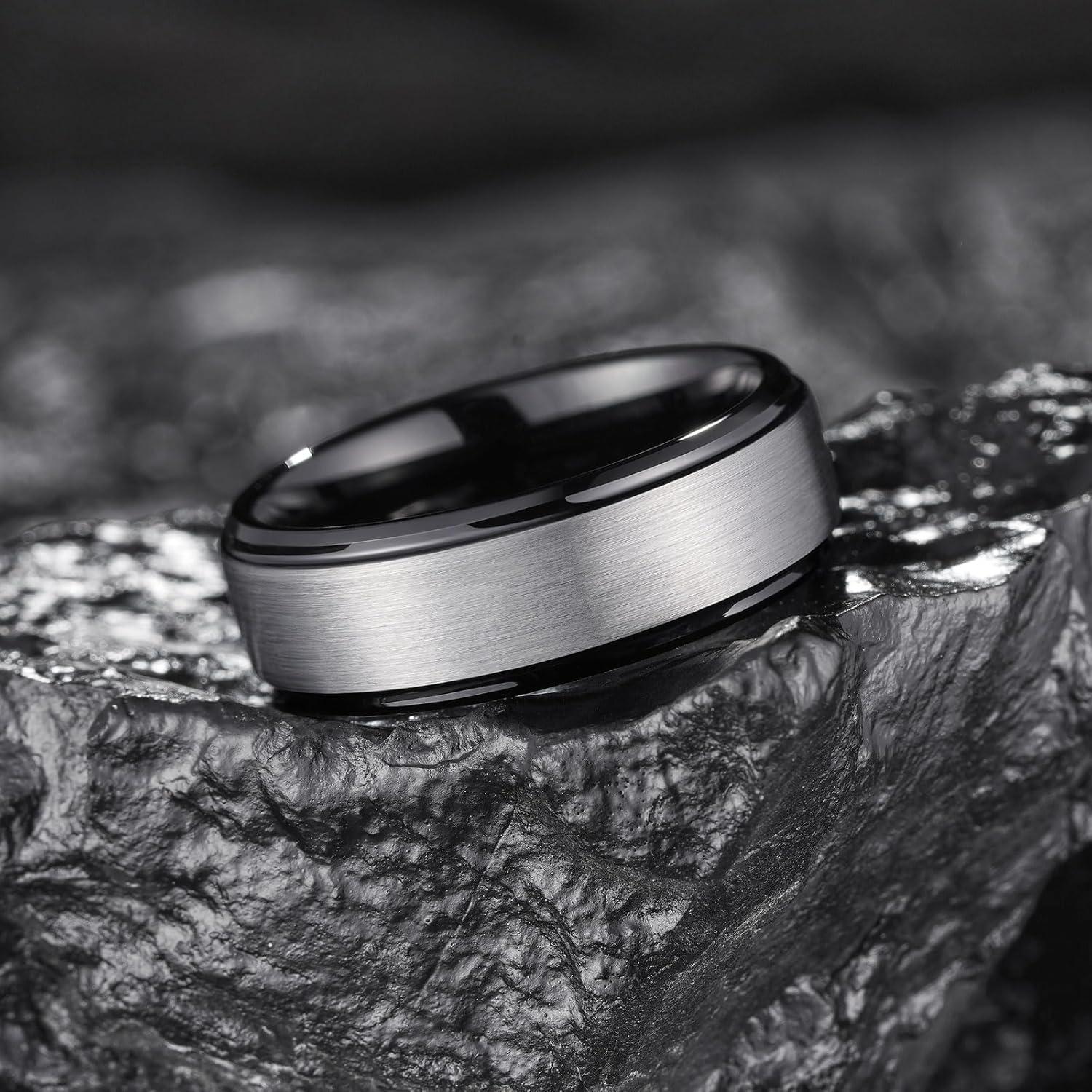 imageKing Will Mens Brushed Wedding Band Two Tone Matte Step EdgesPipe Cut Tungsten Carbide Anniversary Promise Rings Comfort FitSilverBlack8mm