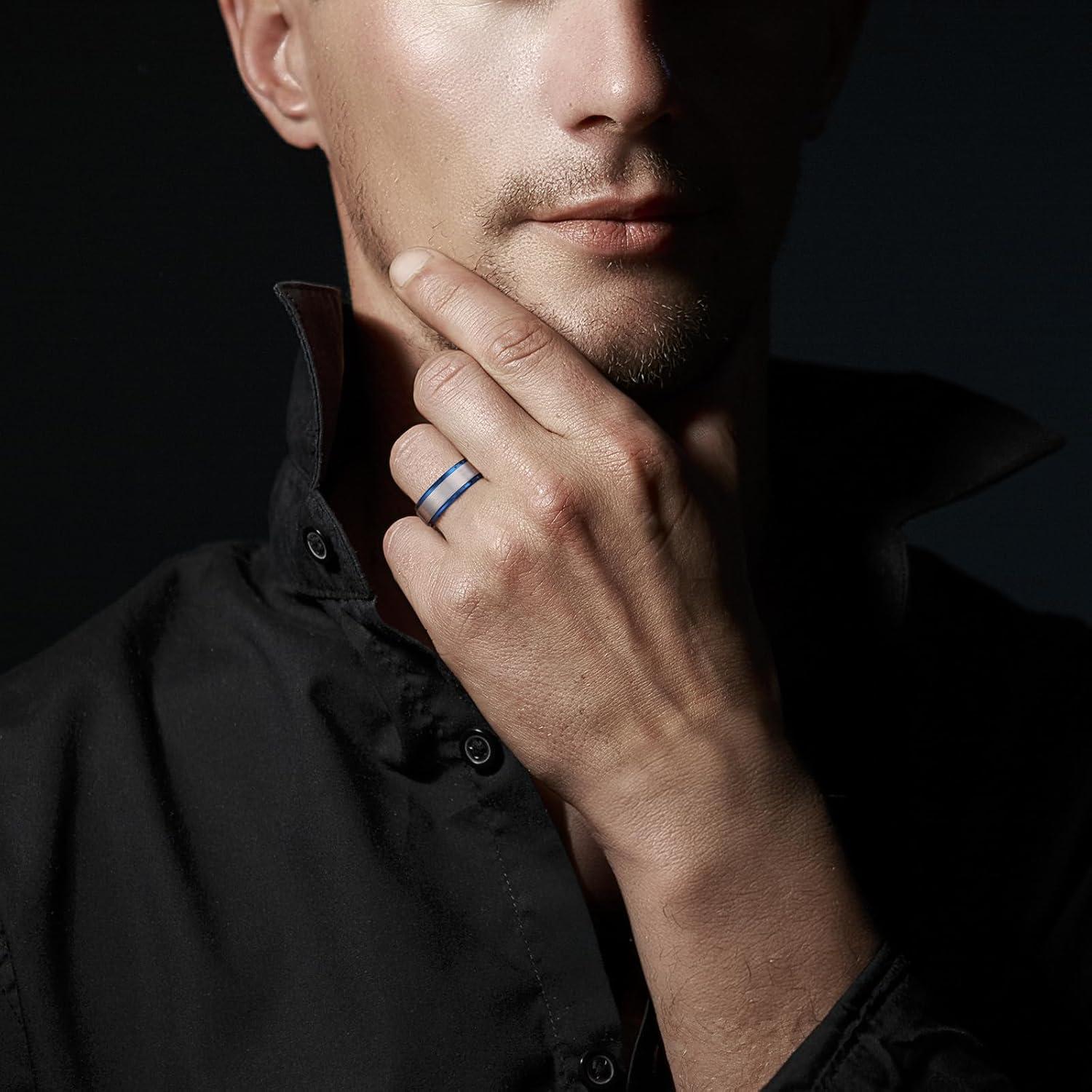 imageKing Will Mens Brushed Wedding Band Two Tone Matte Step EdgesPipe Cut Tungsten Carbide Anniversary Promise Rings Comfort FitSilverBlue8mm