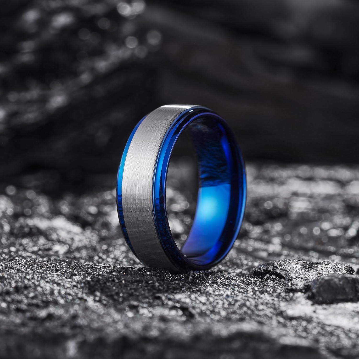 imageKing Will Mens Brushed Wedding Band Two Tone Matte Step EdgesPipe Cut Tungsten Carbide Anniversary Promise Rings Comfort FitSilverBlue8mm