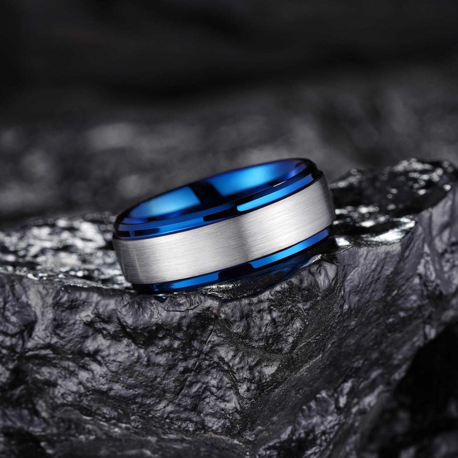 imageKing Will Mens Brushed Wedding Band Two Tone Matte Step EdgesPipe Cut Tungsten Carbide Anniversary Promise Rings Comfort FitSilverBlue8mm