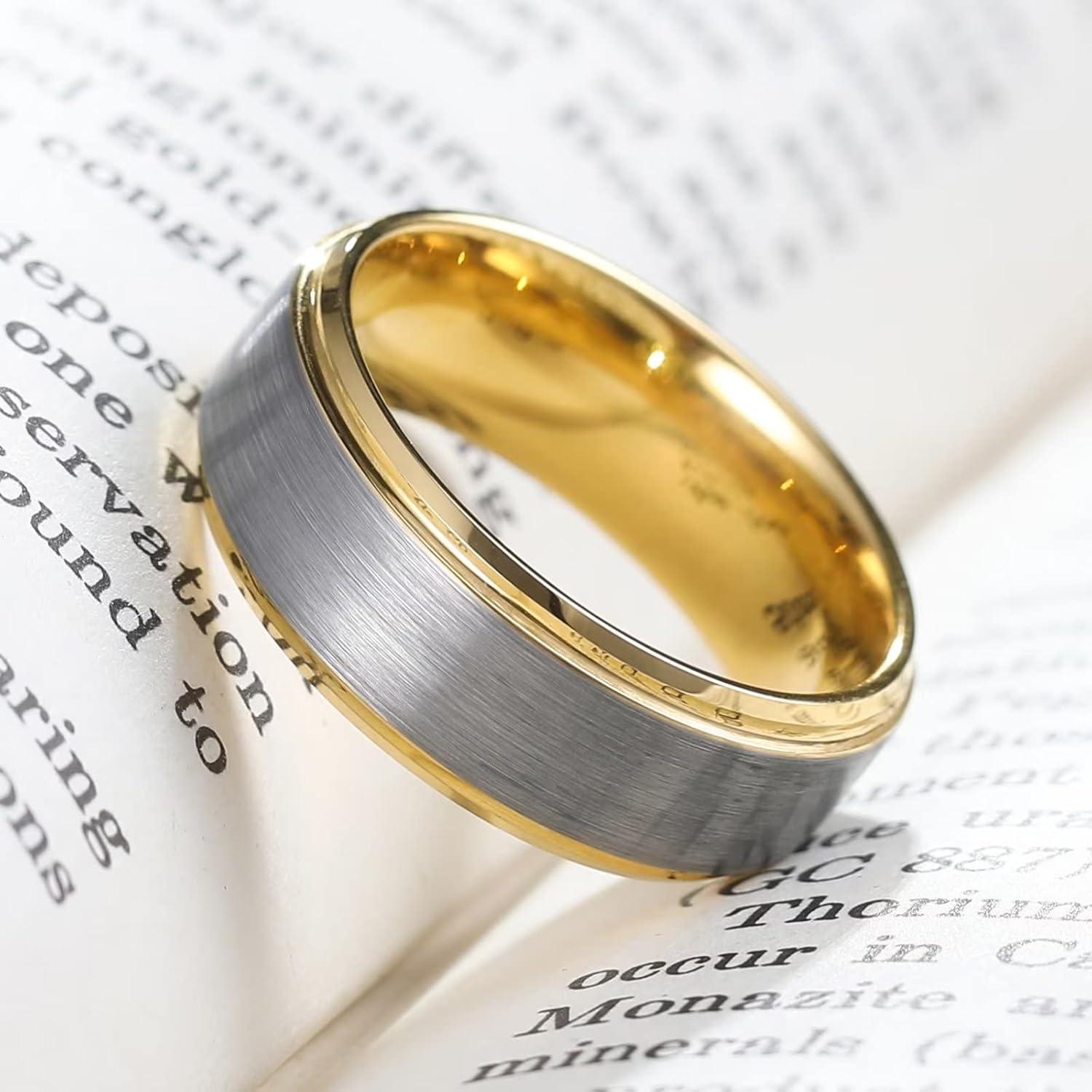 imageKing Will Mens Brushed Wedding Band Two Tone Matte Step EdgesPipe Cut Tungsten Carbide Anniversary Promise Rings Comfort FitSilverGold8mm