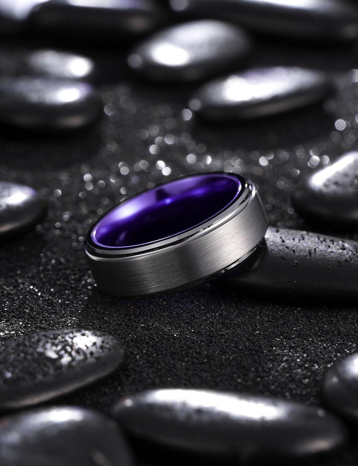 imageKing Will Mens Brushed Wedding Band Two Tone Matte Step EdgesPipe Cut Tungsten Carbide Anniversary Promise Rings Comfort FitSilverPurple8mm