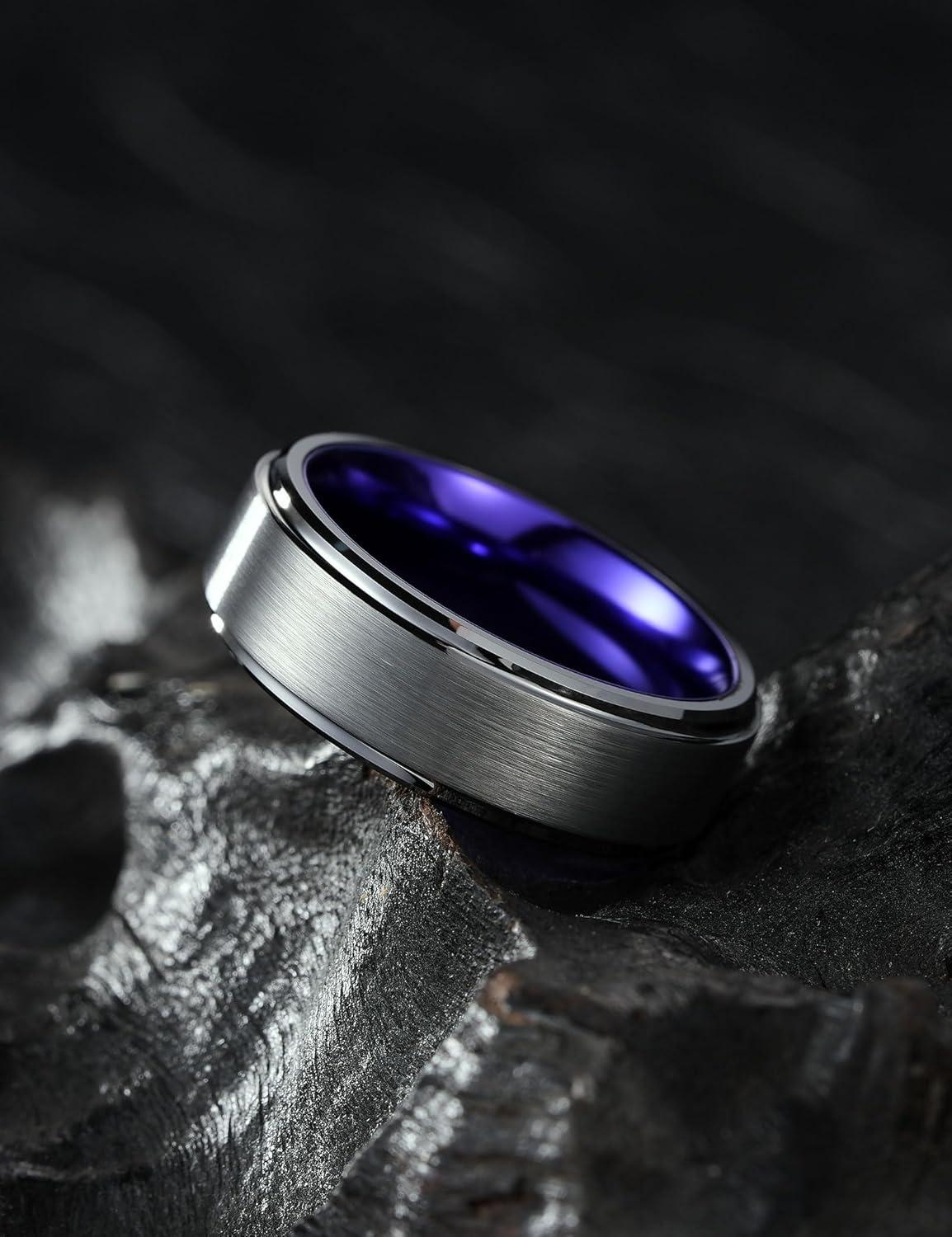 imageKing Will Mens Brushed Wedding Band Two Tone Matte Step EdgesPipe Cut Tungsten Carbide Anniversary Promise Rings Comfort FitSilverPurple8mm