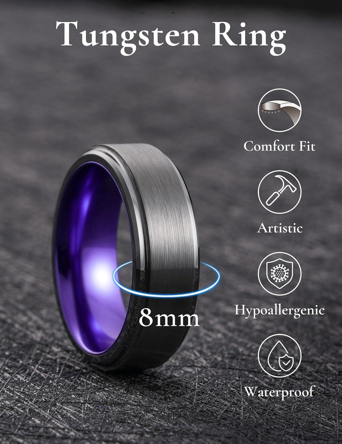 imageKing Will Mens Brushed Wedding Band Two Tone Matte Step EdgesPipe Cut Tungsten Carbide Anniversary Promise Rings Comfort FitSilverPurple8mm