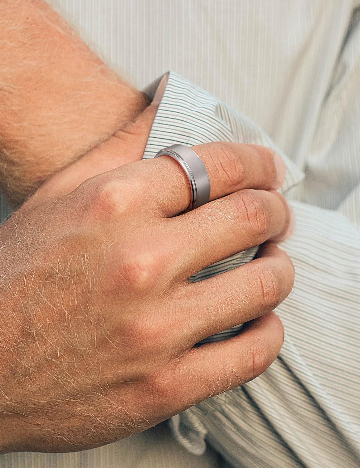 imageKing Will Mens Brushed Wedding Band Two Tone Matte Step EdgesPipe Cut Tungsten Carbide Anniversary Promise Rings Comfort FitSilverRed8mm