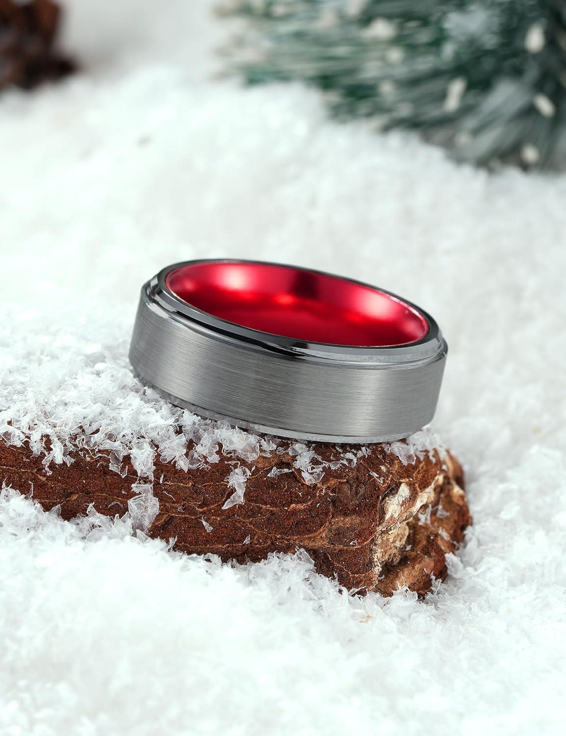 imageKing Will Mens Brushed Wedding Band Two Tone Matte Step EdgesPipe Cut Tungsten Carbide Anniversary Promise Rings Comfort FitSilverRed8mm