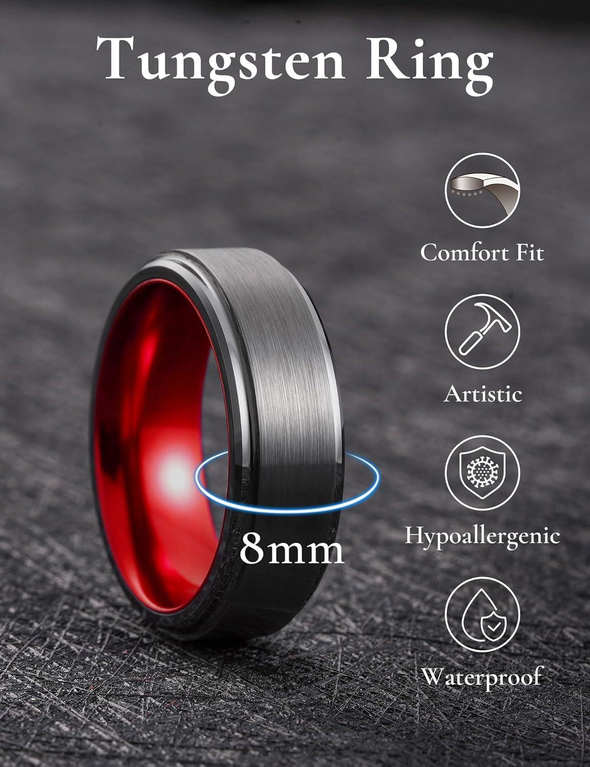 imageKing Will Mens Brushed Wedding Band Two Tone Matte Step EdgesPipe Cut Tungsten Carbide Anniversary Promise Rings Comfort FitSilverRed8mm