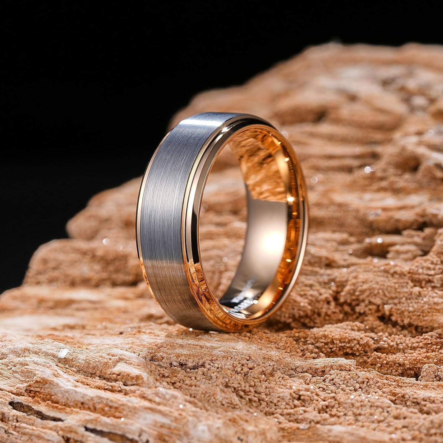 imageKing Will Mens Brushed Wedding Band Two Tone Matte Step EdgesPipe Cut Tungsten Carbide Anniversary Promise Rings Comfort FitSilverRose Gold8mm
