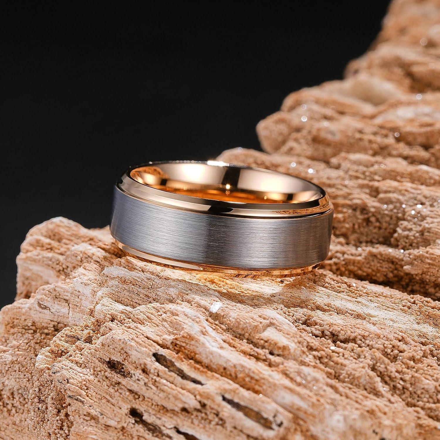 imageKing Will Mens Brushed Wedding Band Two Tone Matte Step EdgesPipe Cut Tungsten Carbide Anniversary Promise Rings Comfort FitSilverRose Gold8mm