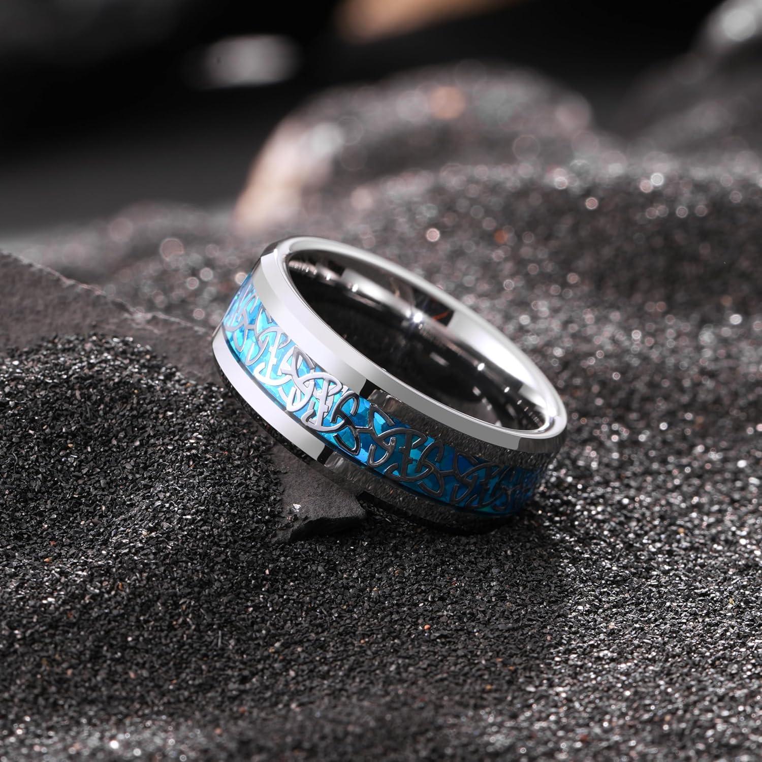 imageKing Will Mens Cetic Knot Tungsten Carbide Ring OpalCarbon Fiber Inlay 6mm8mm Wedding Band for Men Engagement Ring Comfort Fit8mmBlue Opal