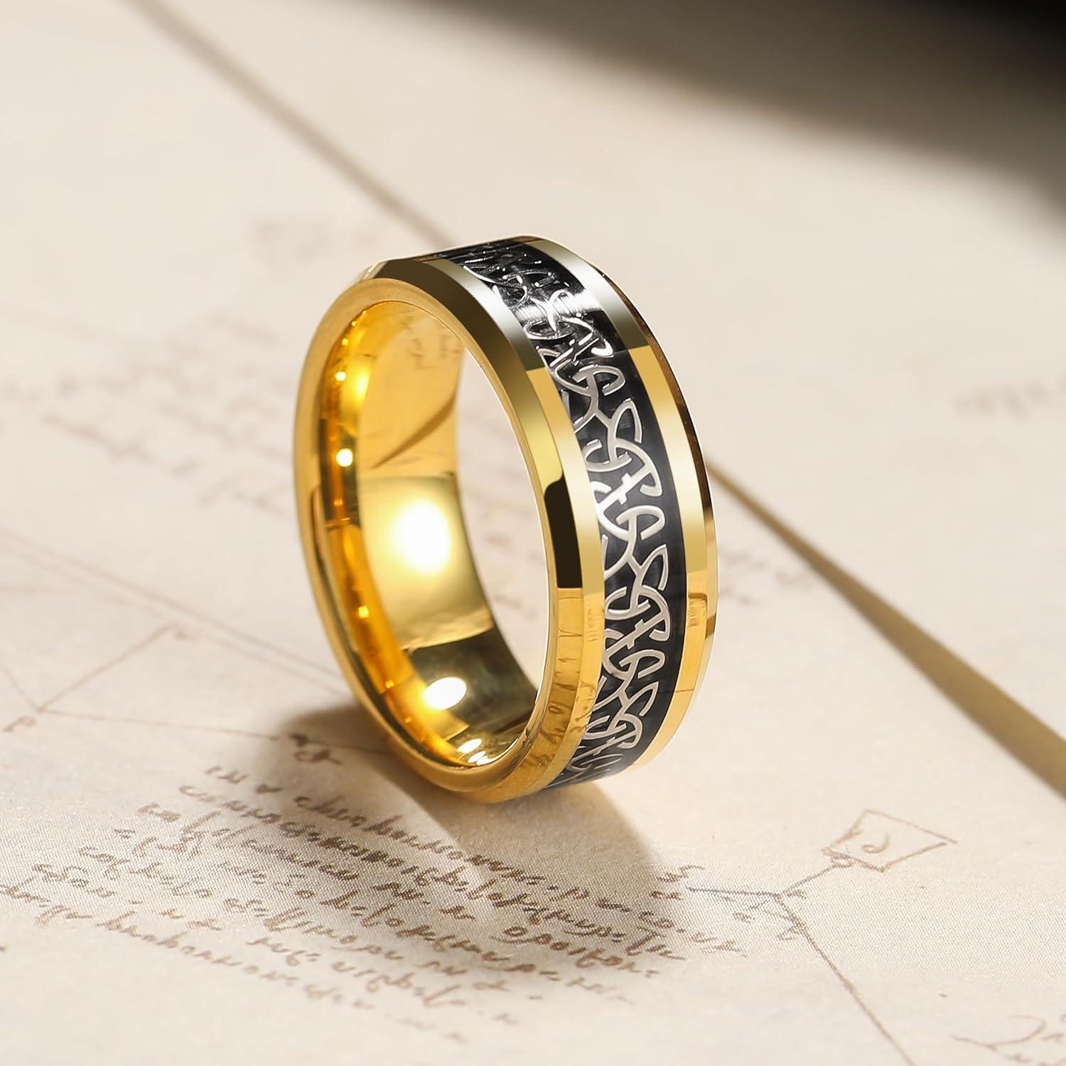 imageKing Will Mens Cetic Knot Tungsten Carbide Ring OpalCarbon Fiber Inlay 6mm8mm Wedding Band for Men Engagement Ring Comfort FitGoldBlack8mm