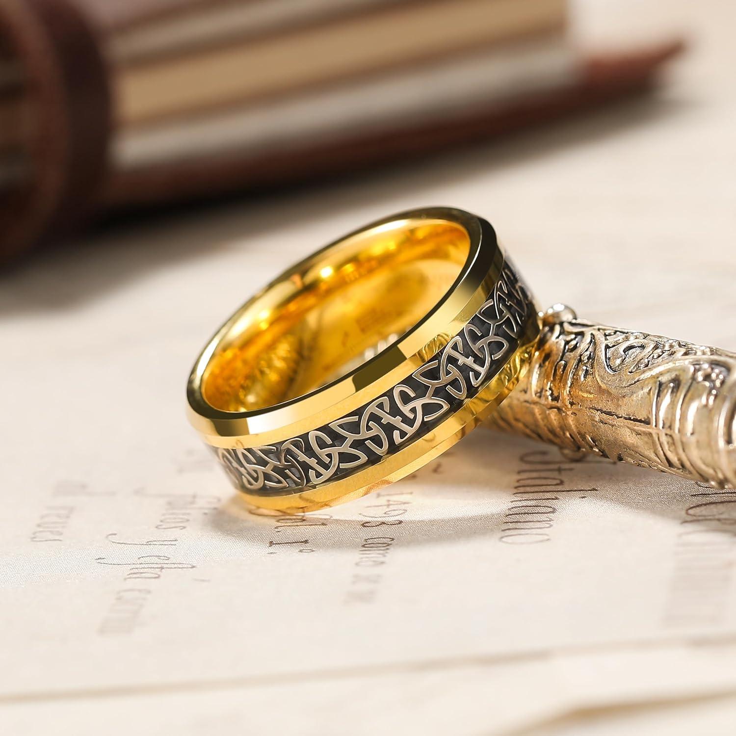 imageKing Will Mens Cetic Knot Tungsten Carbide Ring OpalCarbon Fiber Inlay 6mm8mm Wedding Band for Men Engagement Ring Comfort FitGoldBlack8mm