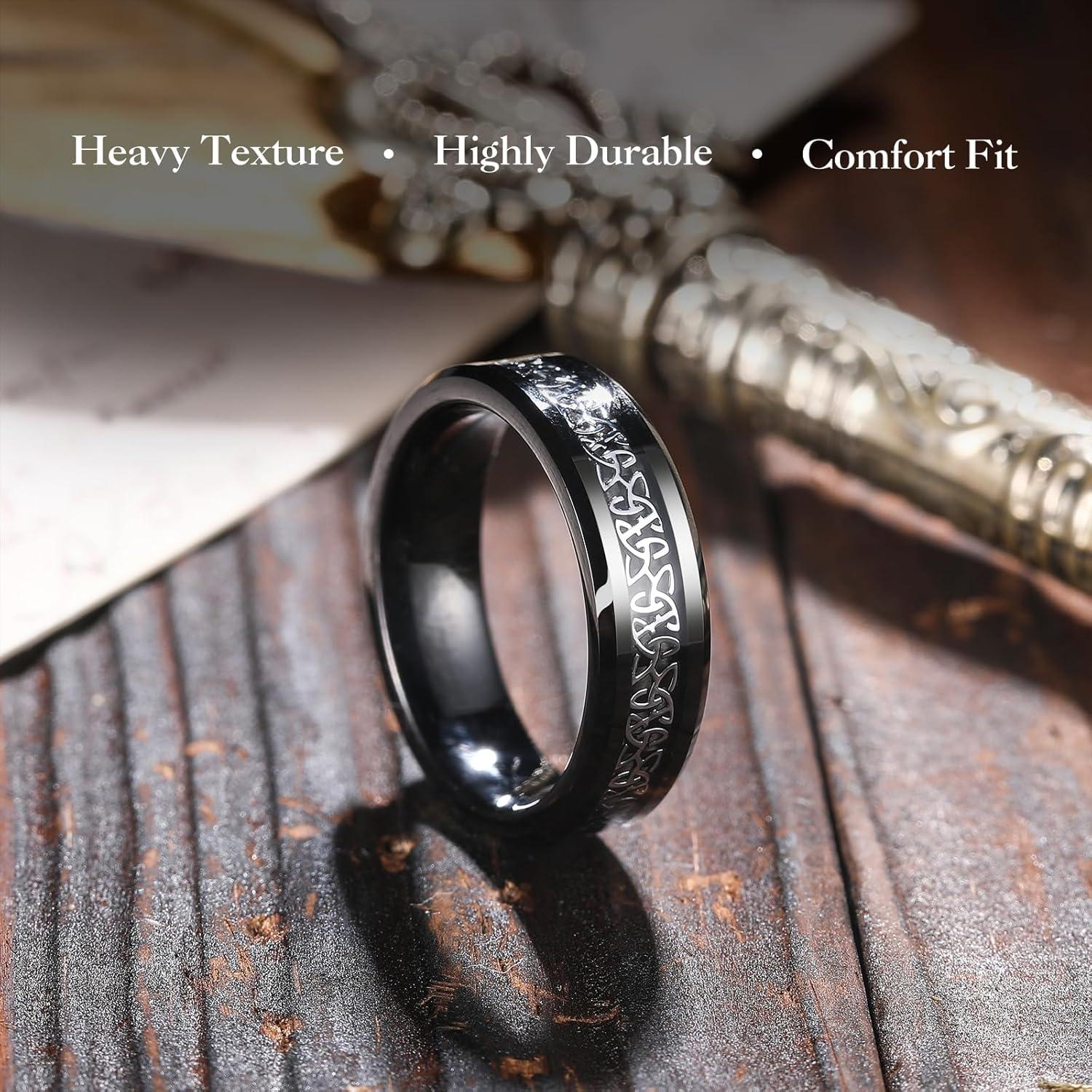 imageKing Will Mens Cetic Knot Tungsten Carbide Ring OpalCarbon Fiber Inlay 6mm8mm Wedding Band for Men Engagement Ring Comfort FitSilverBlack6mm