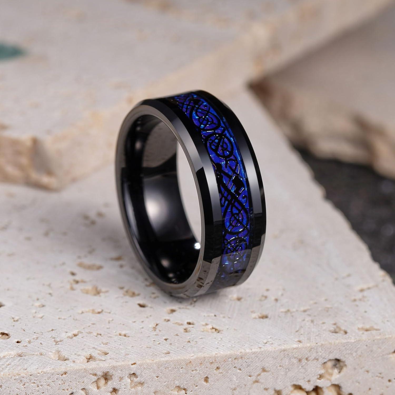 imageKing Will Mens Dragon Celtic Tungsten Ring 5678mm Widths Polished Beveled Edge Comfort Fit Carbide Wedding Band Promise Rings Size 416ABlackNavy Blue 8mm