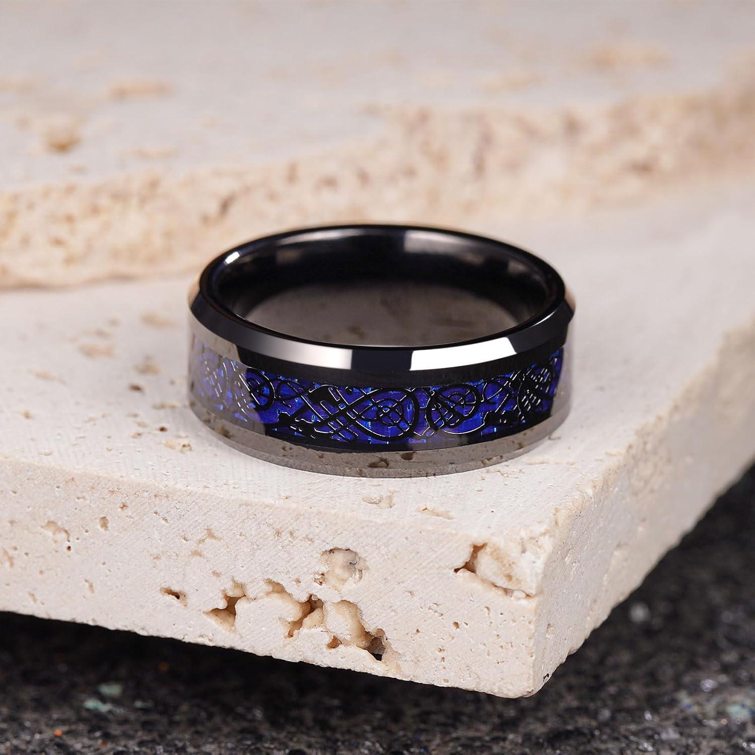 imageKing Will Mens Dragon Celtic Tungsten Ring 5678mm Widths Polished Beveled Edge Comfort Fit Carbide Wedding Band Promise Rings Size 416ABlackNavy Blue 8mm