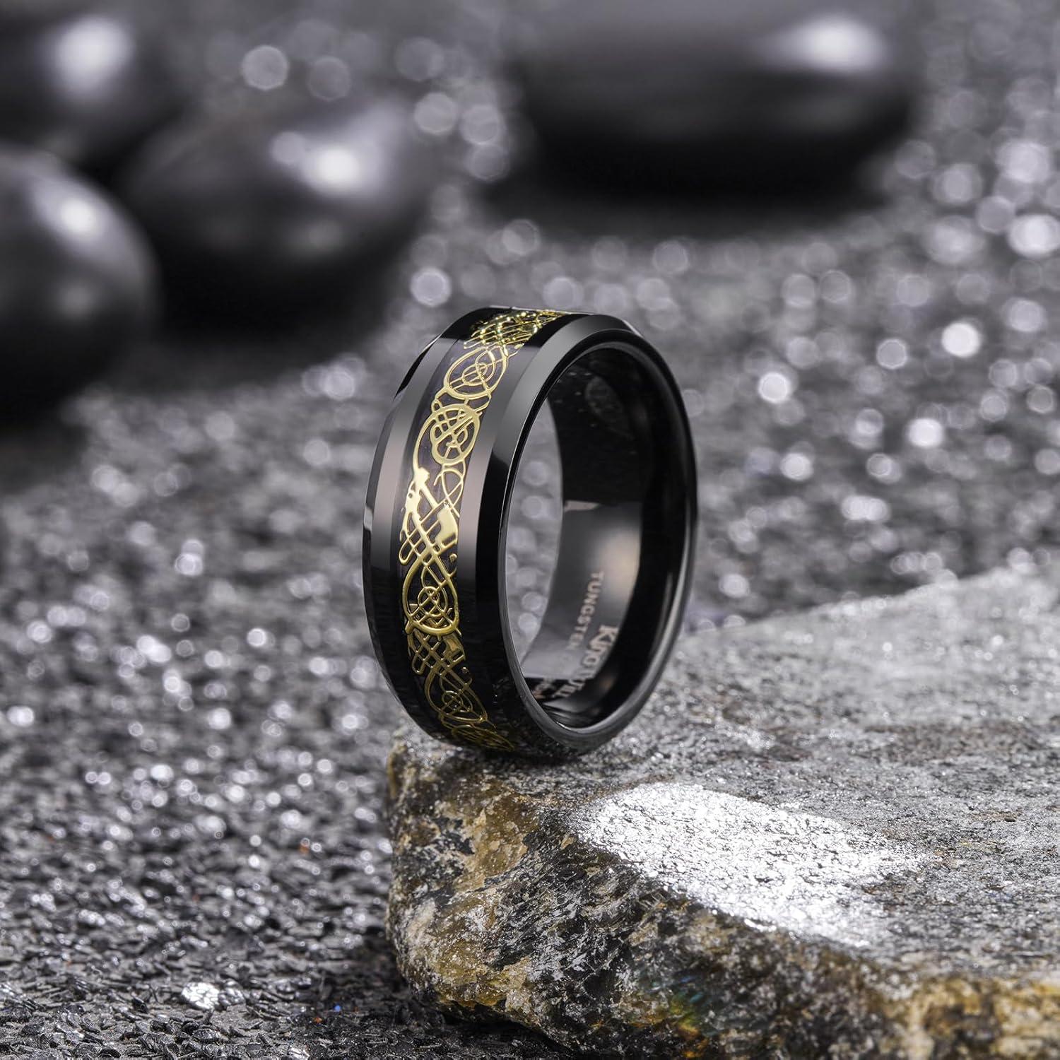 imageKing Will Mens Dragon Celtic Tungsten Ring 5678mm Widths Polished Beveled Edge Comfort Fit Carbide Wedding Band Promise Rings Size 416BBlackGold 8mm